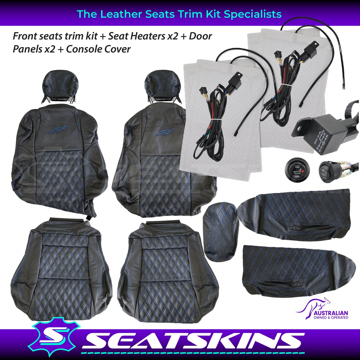LEATHER SEATS TRIM KIT SKINS TO FIT HOLDEN VY S2 / VZ SS UTE BLUE DIAMOND STITCH