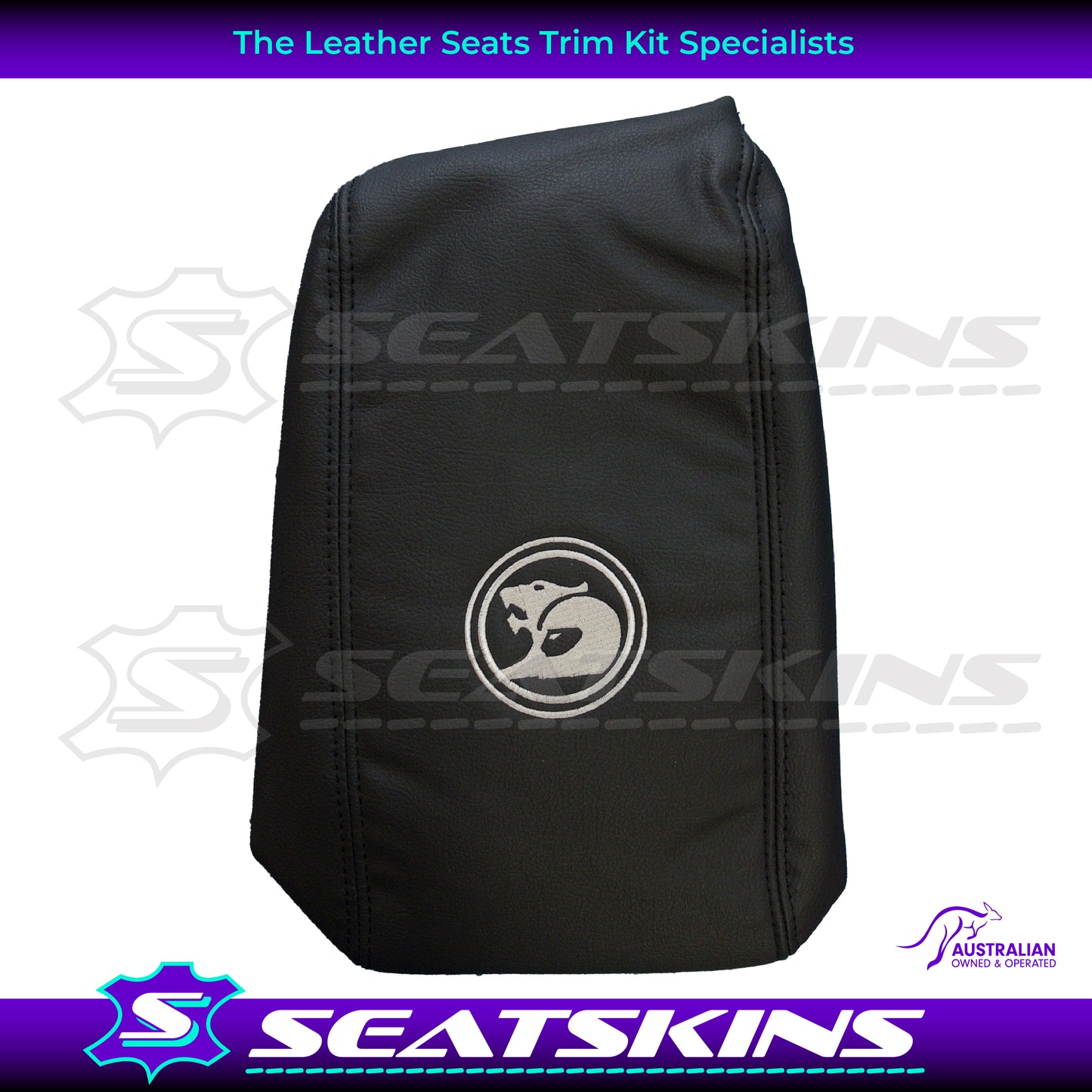 CONSOLE COVER FOR VY/VZ ANTHRACITE WHITE HSV LOGO AND BLACK TWIN NEEDLE STITCHING.