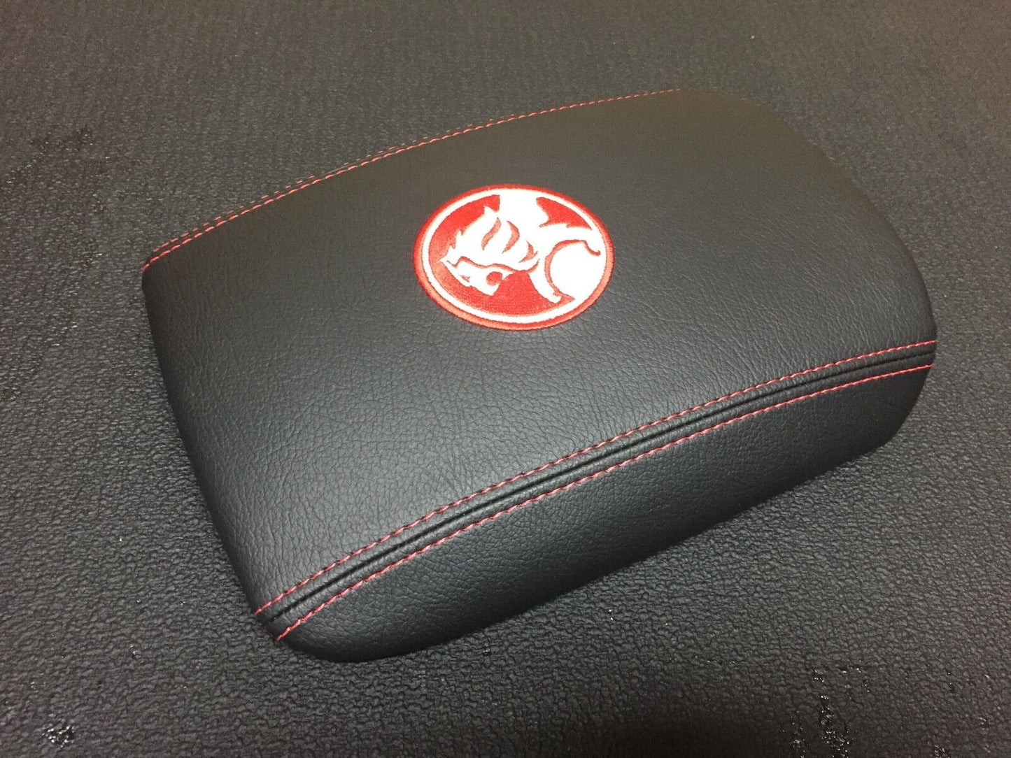 CUSTOM CONSOLE LID ARM REST COVER TO FIT VT VX VU HOLDEN LION LOGO SS RED STITCH