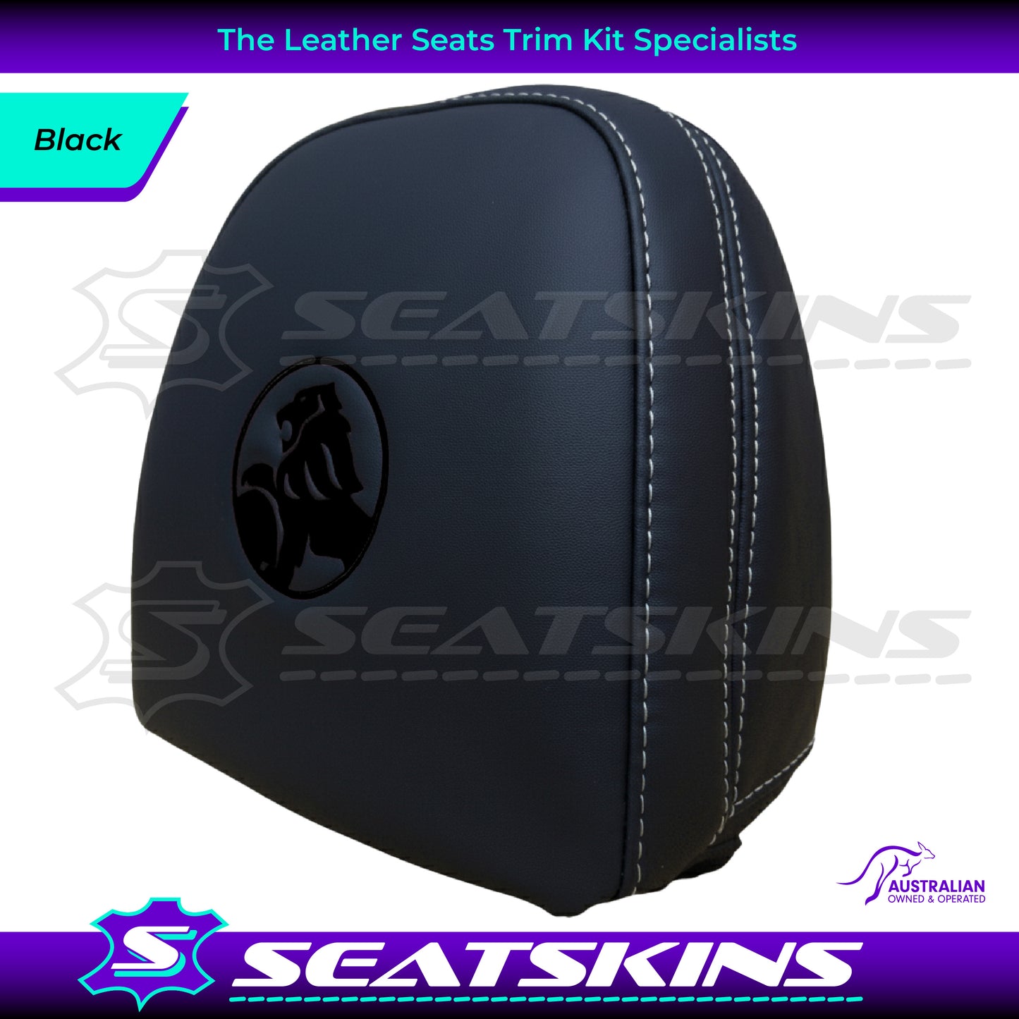 HEADREST COVERS PAIR FOR VF BLACK LEATHERETTE SILVER OR RED STITCH HOLDEN LOGO