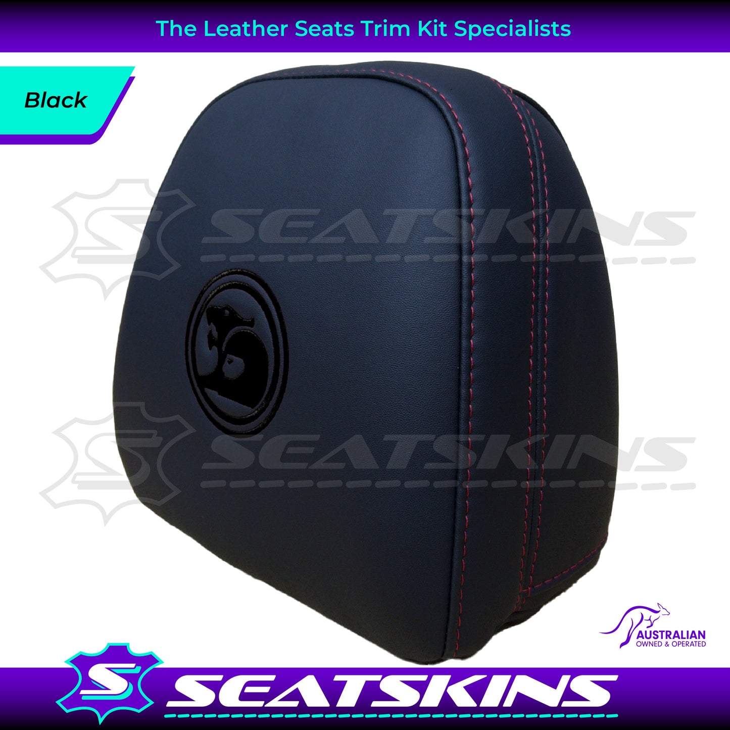 HEADREST COVERS PAIR FOR VF BLACK LEATHERETTE SILVER OR RED STITCH HSV LOGO