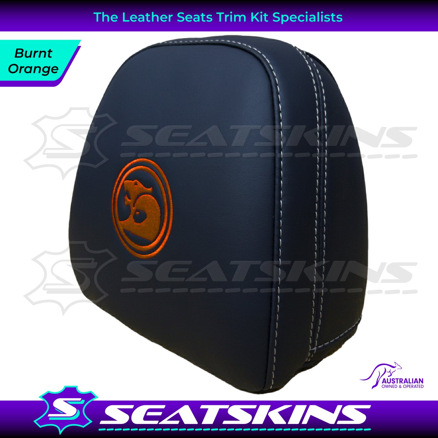 HEADREST COVERS PAIR FOR VF BLACK LEATHERETTE SILVER OR RED STITCH HSV LOGO