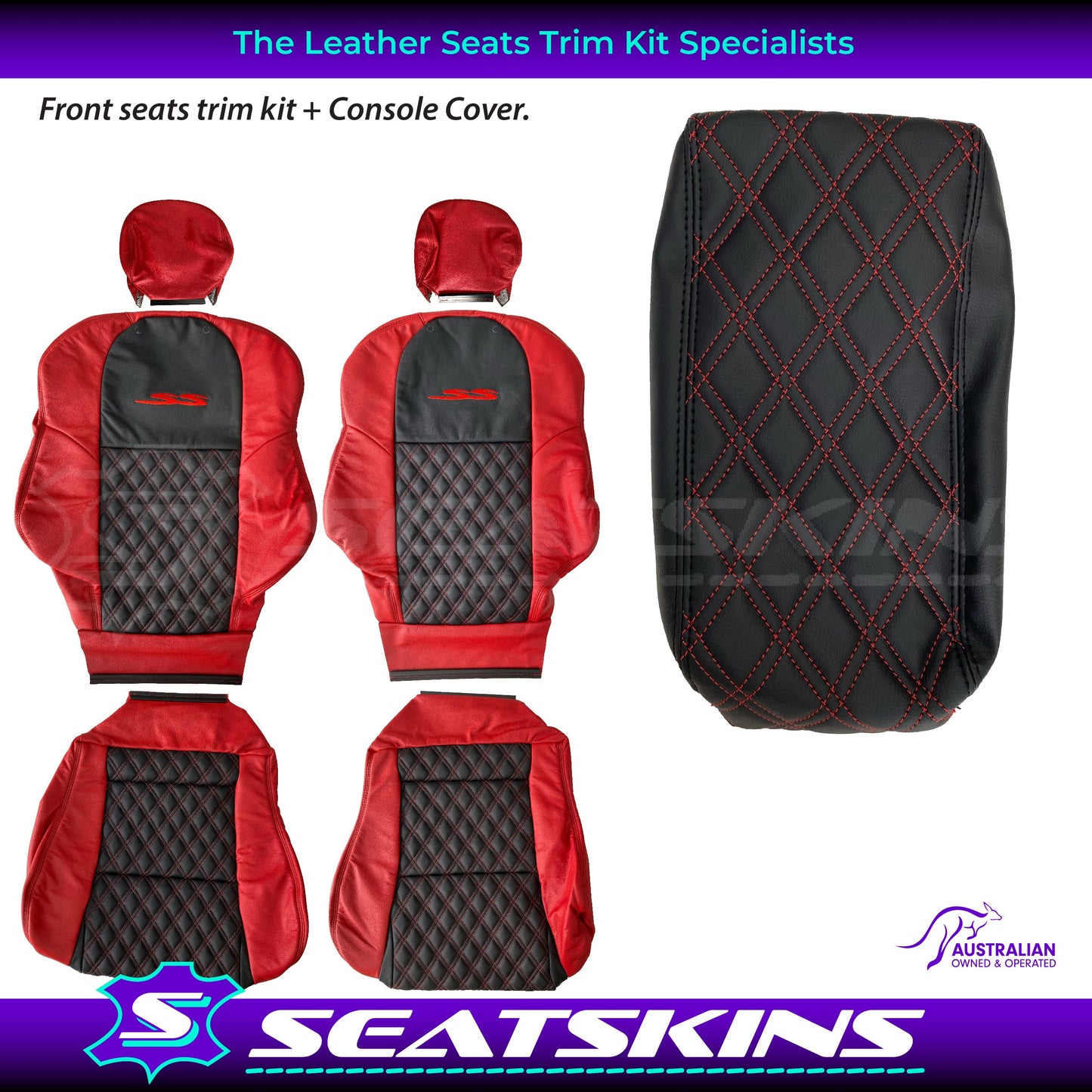 LEATHER SEATS TRIM KIT FOR VT/VX SS UTE 2 FRONT SEATS RED/BLACK DIAMOND STITCH