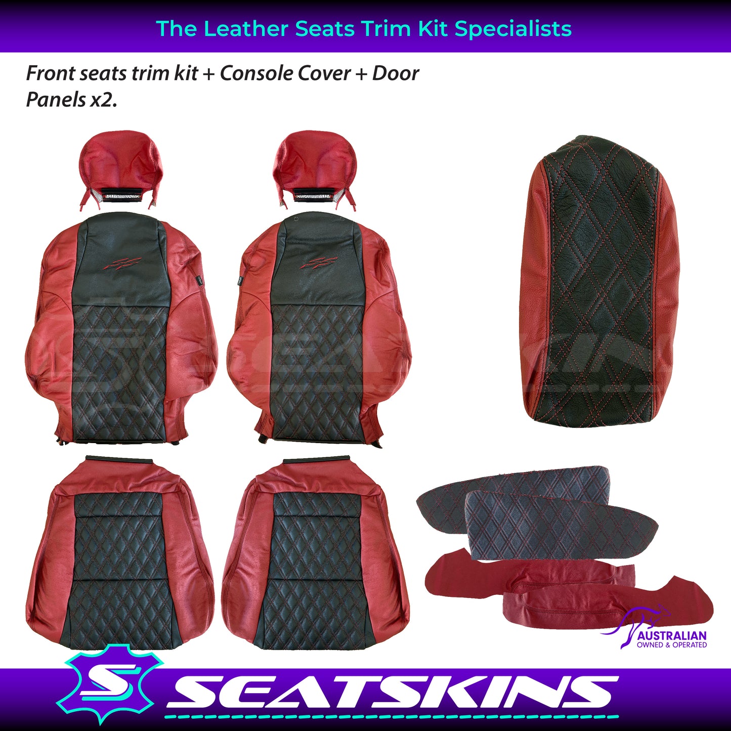 LEATHER SEATS TRIM KIT FOR VY/VZ SS UTE 2 FRONT SEATS RED/BLACK DIAMOND STITCH