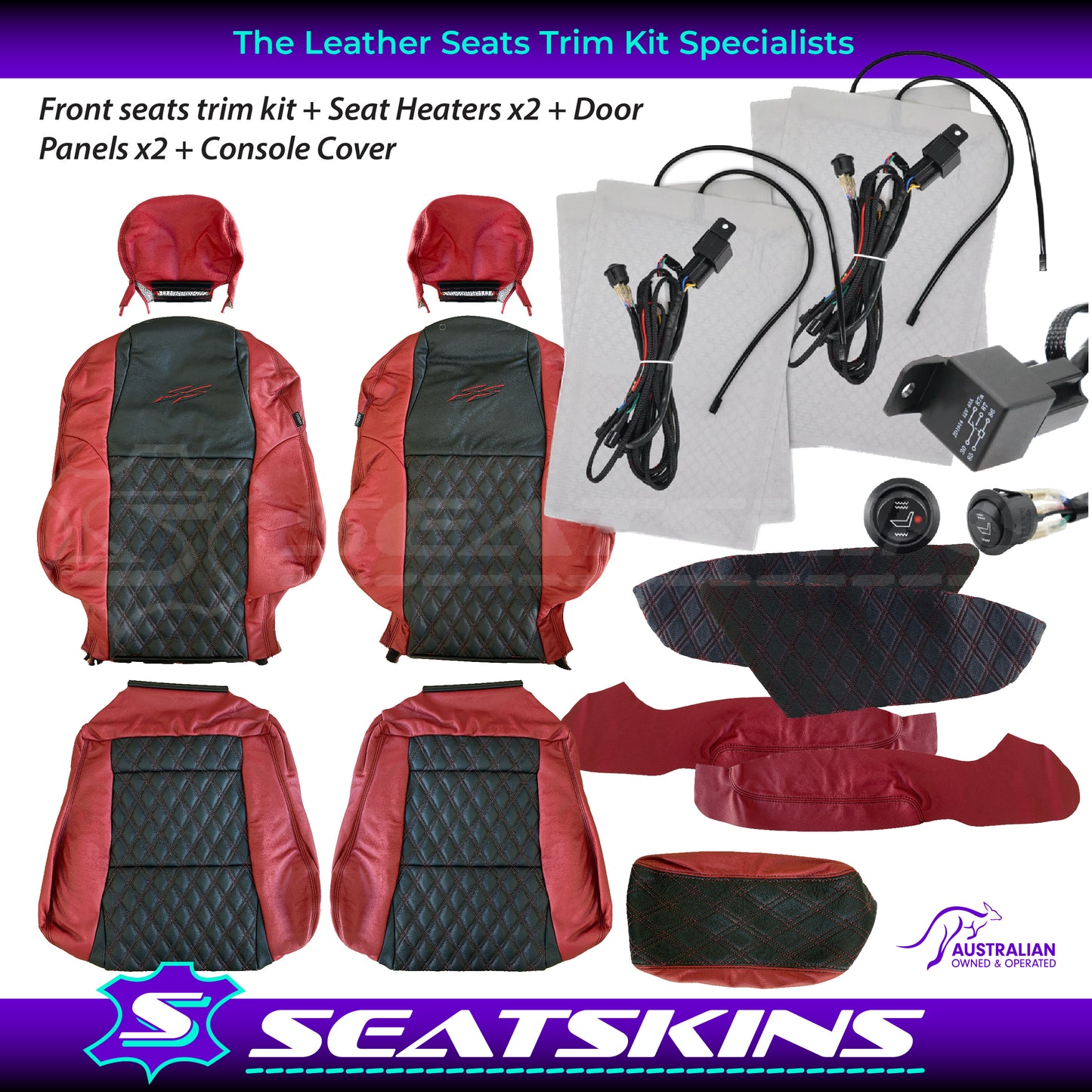 LEATHER SEATS TRIM KIT FOR VY/VZ SS UTE 2 FRONT SEATS RED/BLACK DIAMOND STITCH