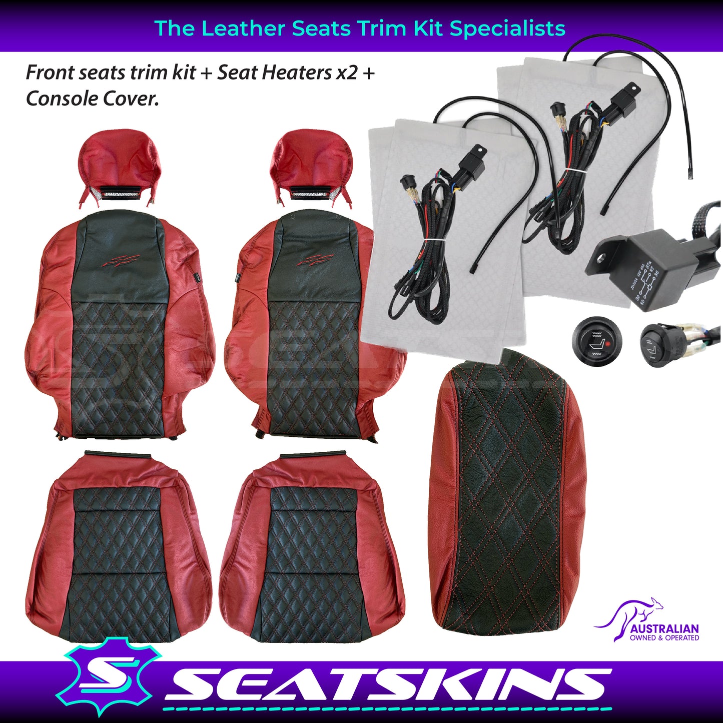 LEATHER SEATS TRIM KIT FOR VY/VZ SS UTE 2 FRONT SEATS RED/BLACK DIAMOND STITCH