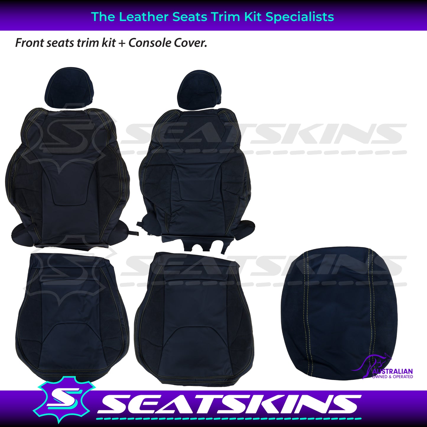 LEATHER SEATS TRIM KIT FOR HSV VF GTS 2 SEATS ALCANTARA & BLACK NAPPA LEATHER WITH YELLOW STITCHING.