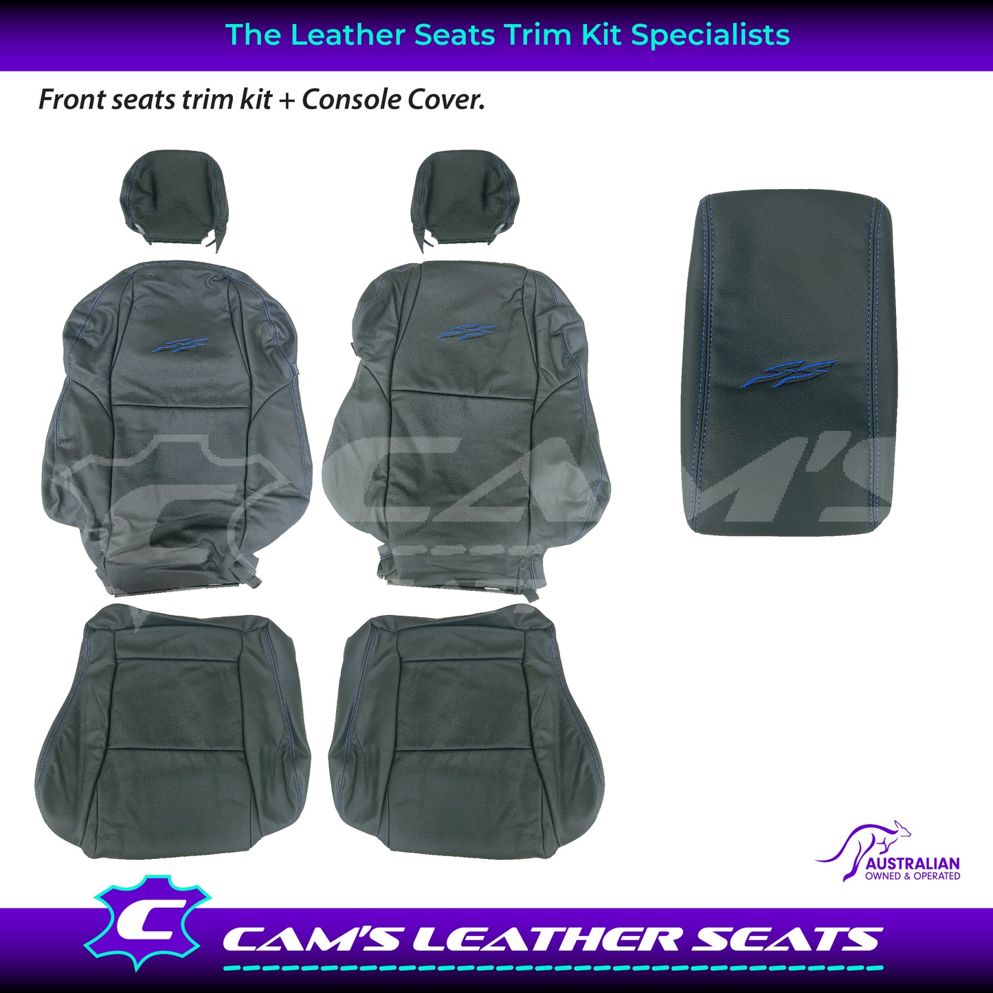 LEATHER SEATS TRIM SKINS KIT TO FIT HOLDEN VY S2 OR VZ SS UTE BLACK BLUE STITCH