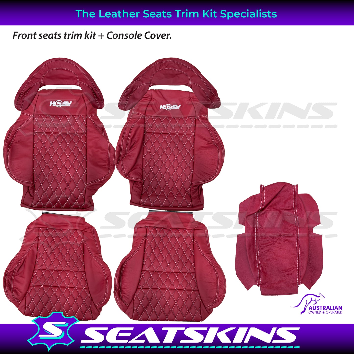 LEATHER SEATS TRIM KIT FOR 2 SEATER HSV COULSON RED LEATHER WHITE DIAMOND STITCH
