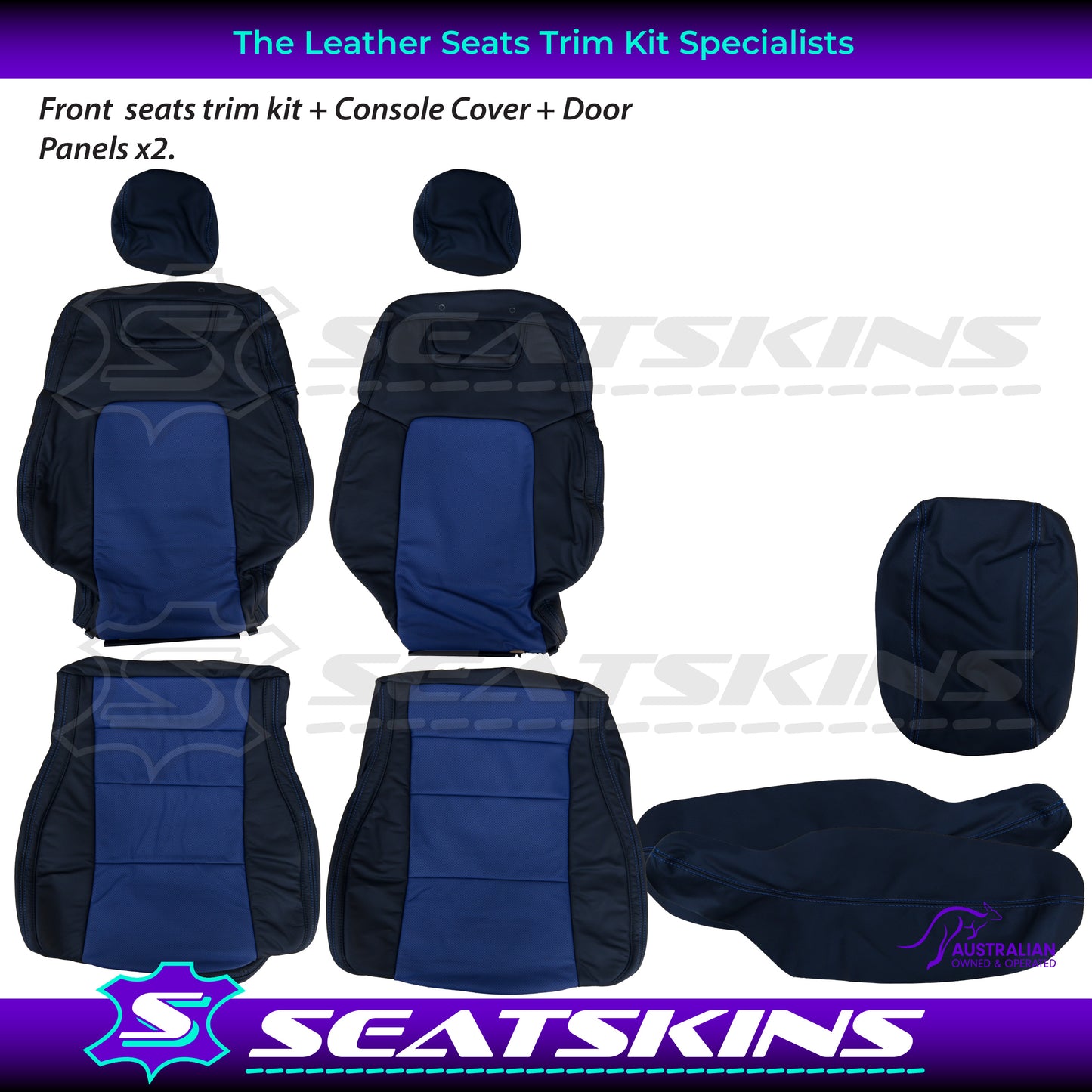 LEATHER SEATS TRIM KIT FOR HOLDEN VE CLUBSPORT 2 SEATS BLUE INSERTS BLUE STITCHING