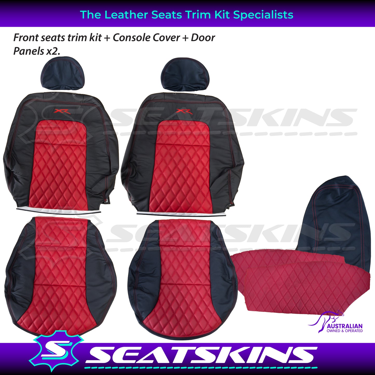 LEATHER SEATS TRIM KIT SKINS FOR FORD AU FRONT SEATS RED XR LOGO DIAMOND STITCH