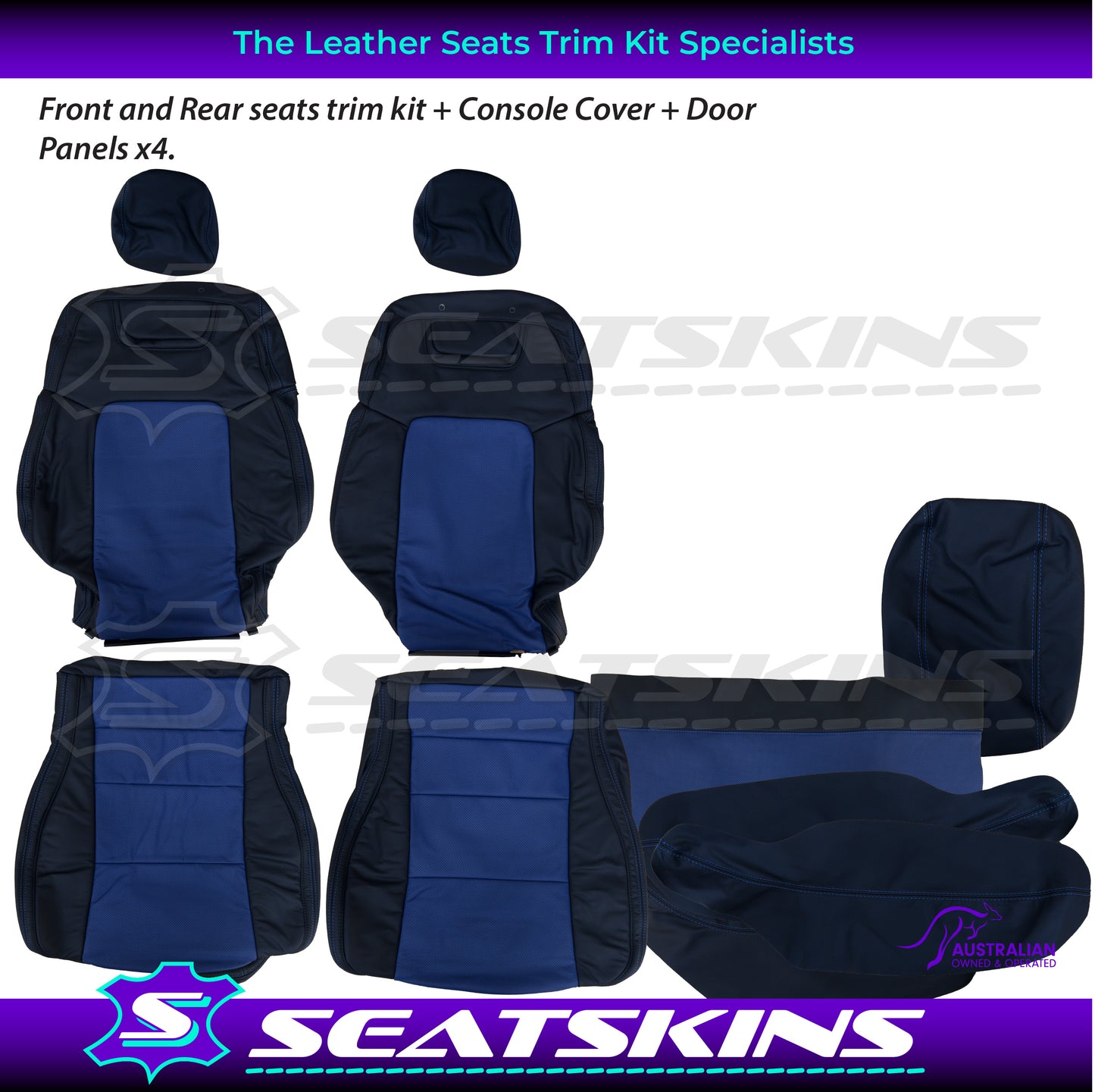 LEATHER SEATS TRIM KIT FOR HOLDEN VE CLUBSPORT 5 SEATER BLUE INSERTS BLUE STITCHING