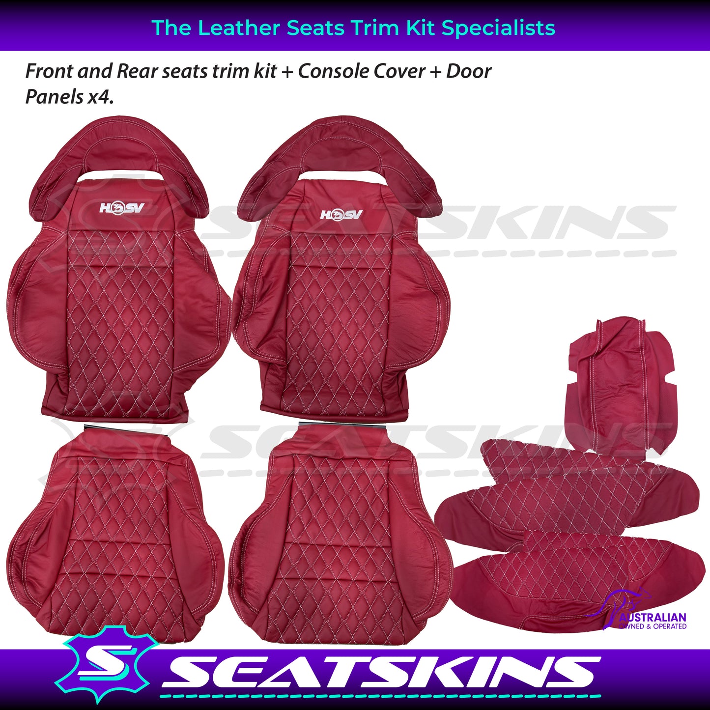 LEATHER SEATS TRIM KIT FOR 5 SEATER HSV COULSON RED LEATHER WHITE DIAMOND STITCH
