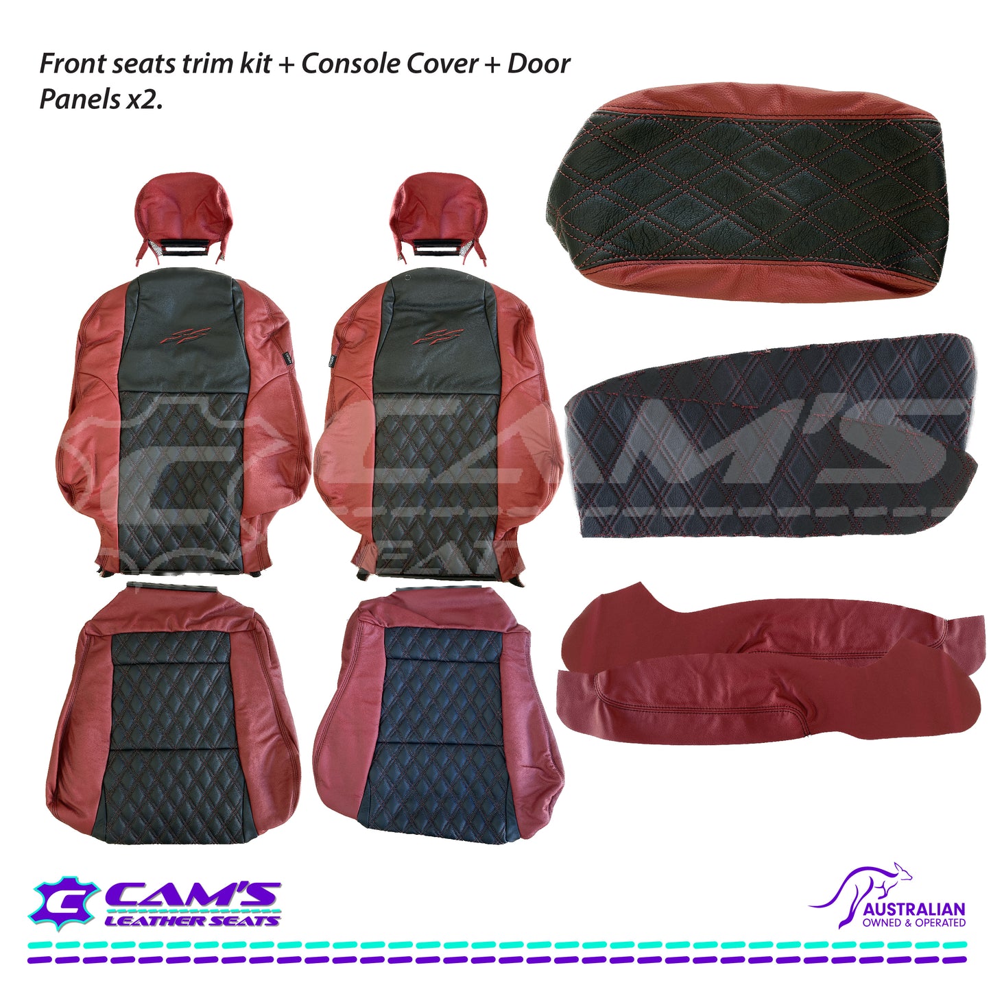 LEATHER SEATS TRIM KIT FOR VY/VZ SS UTE 2 FRONT SEATS RED/BLACK DIAMOND STITCH