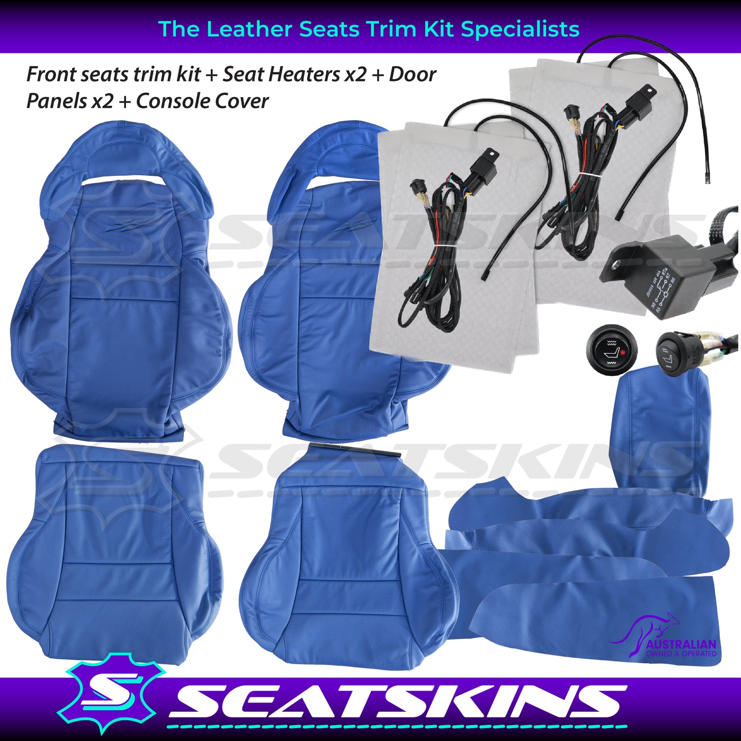 LEATHER SEATS TRIM KIT FOR HOLDEN HSV VY / VZ COULSON 2 SEATS BLUE SS LOGOS