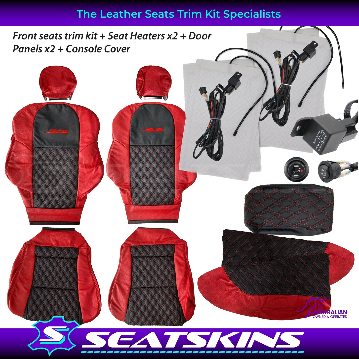 LEATHER SEATS TRIM KIT FOR VT/VX SS UTE 2 FRONT SEATS RED/BLACK DIAMOND STITCH
