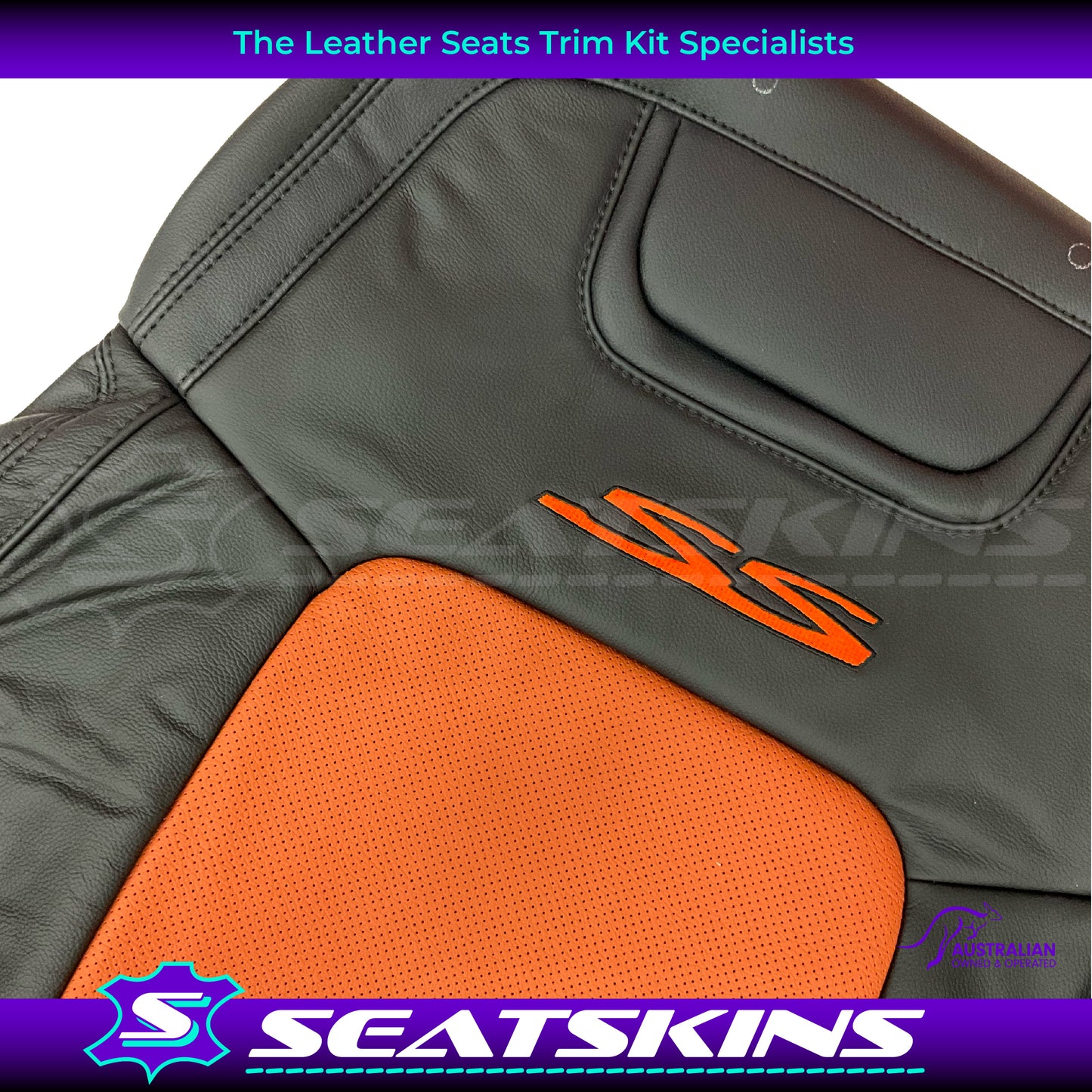 LEATHER SEATS TRIM KIT FOR VE SS 2 FRONT SEATS OR UTE ONYX & ORANGE INSERTS