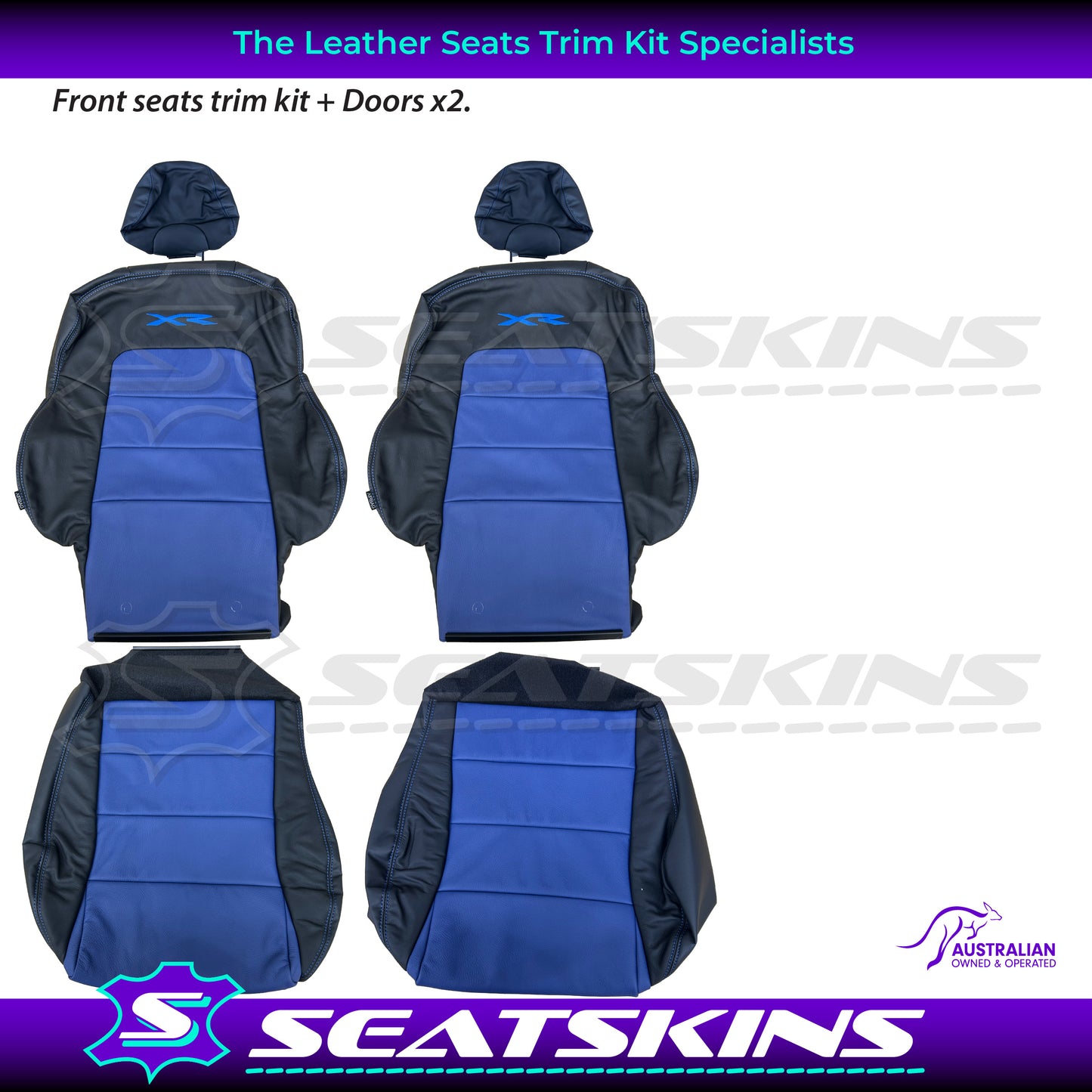 LEATHER SEATS TRIM KIT SKINS FOR FORD BA/BF FALCON FRONT SEATS BLUE XR LOGO BLUE INSERTS