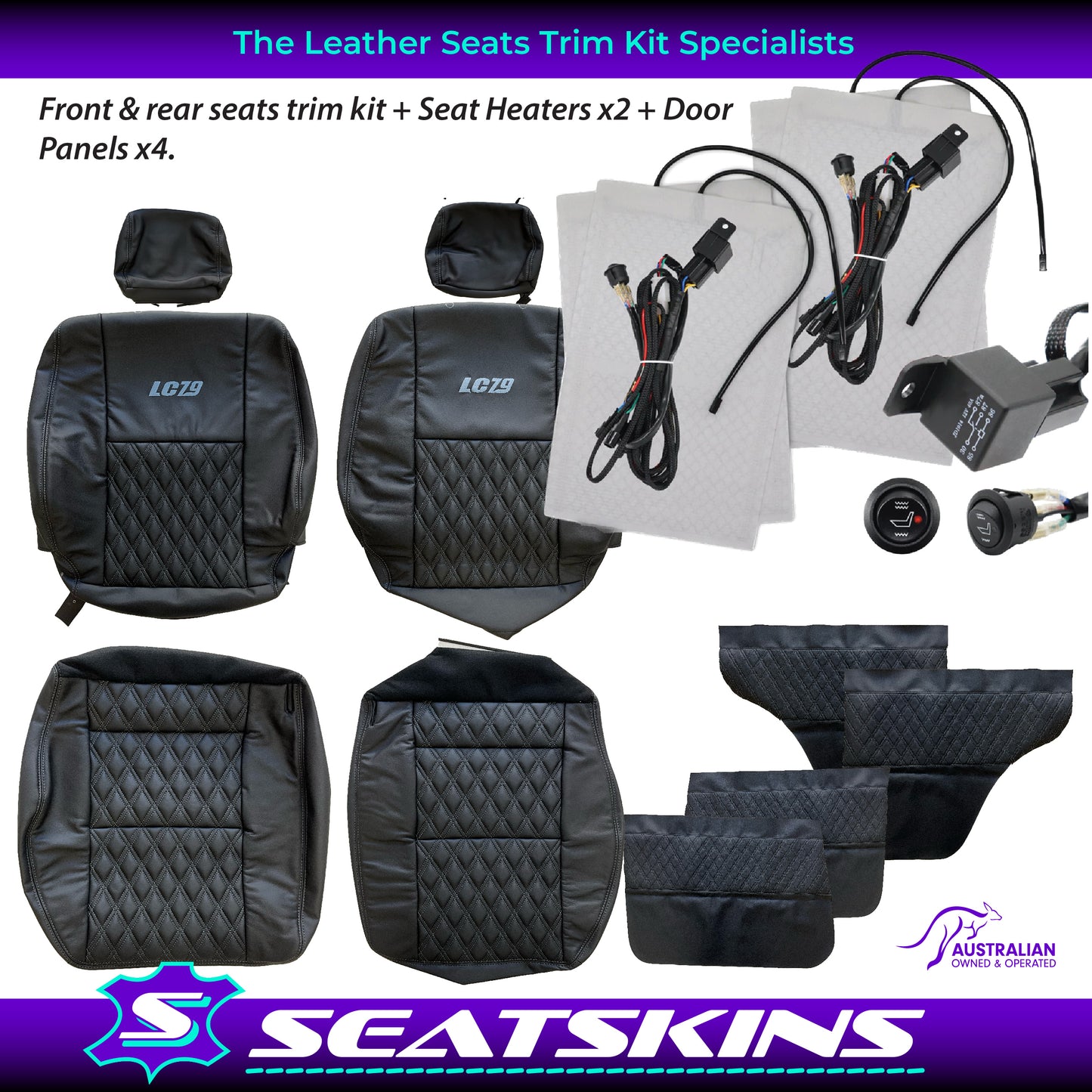 LEATHER SEATS TRIM KIT FOR TOYOTA LANDCRUISER 79 SERIES BLACK CUSTOM STITCH