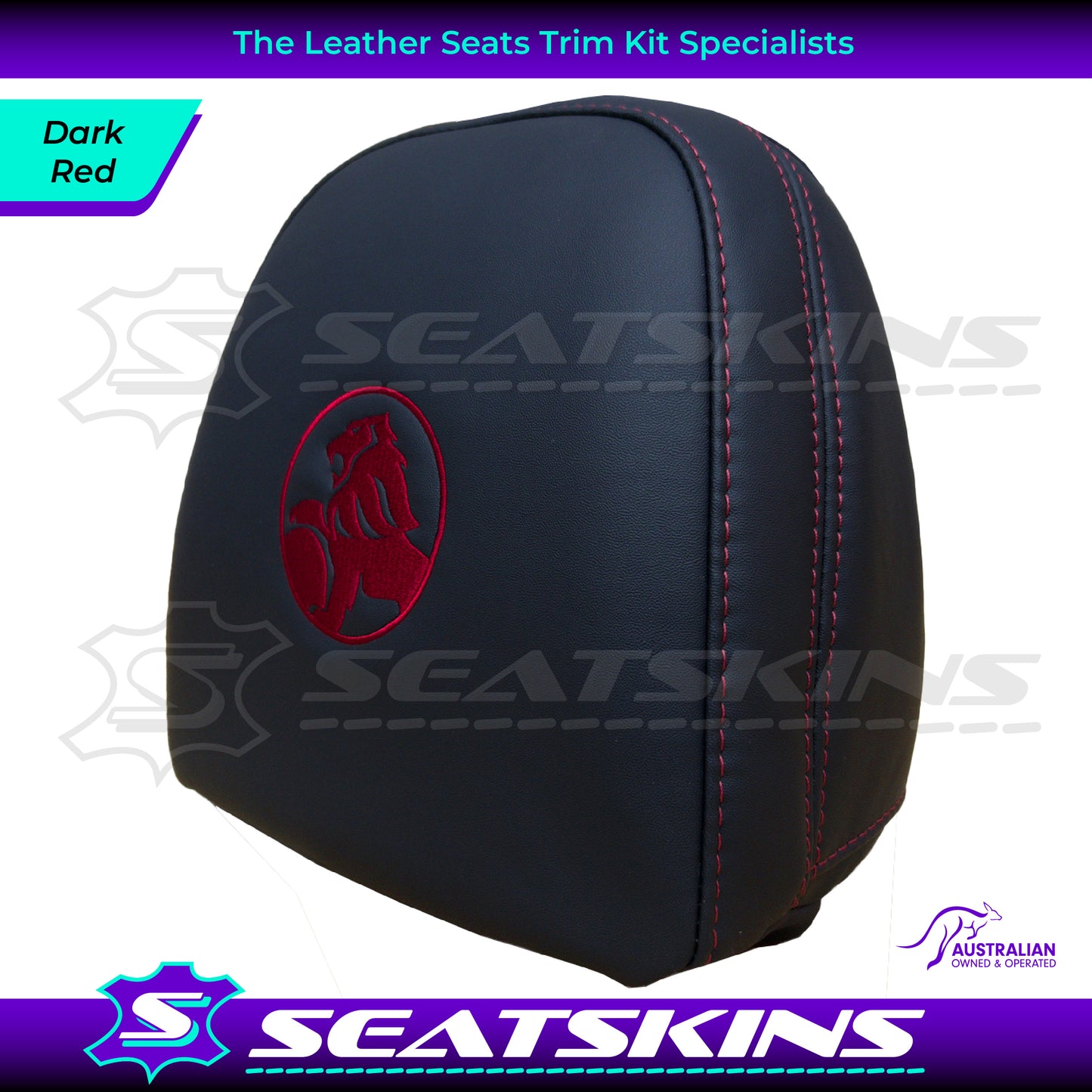 HEADREST COVERS PAIR FOR VF BLACK LEATHERETTE SILVER OR RED STITCH HOLDEN LOGO