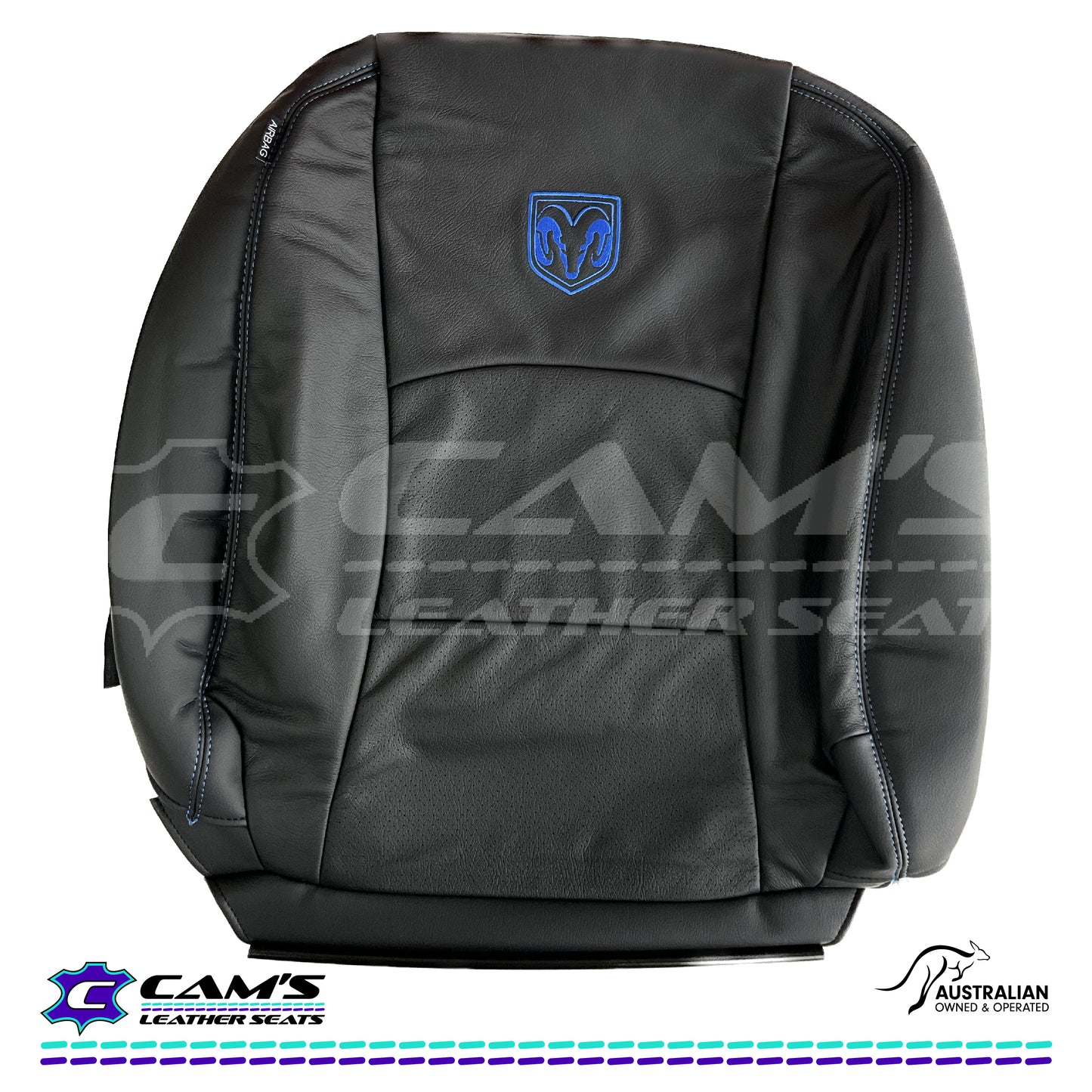 LEATHER SEATS TRIM KIT SKINS FOR RAM 1500 Black leather with Blue Stitching