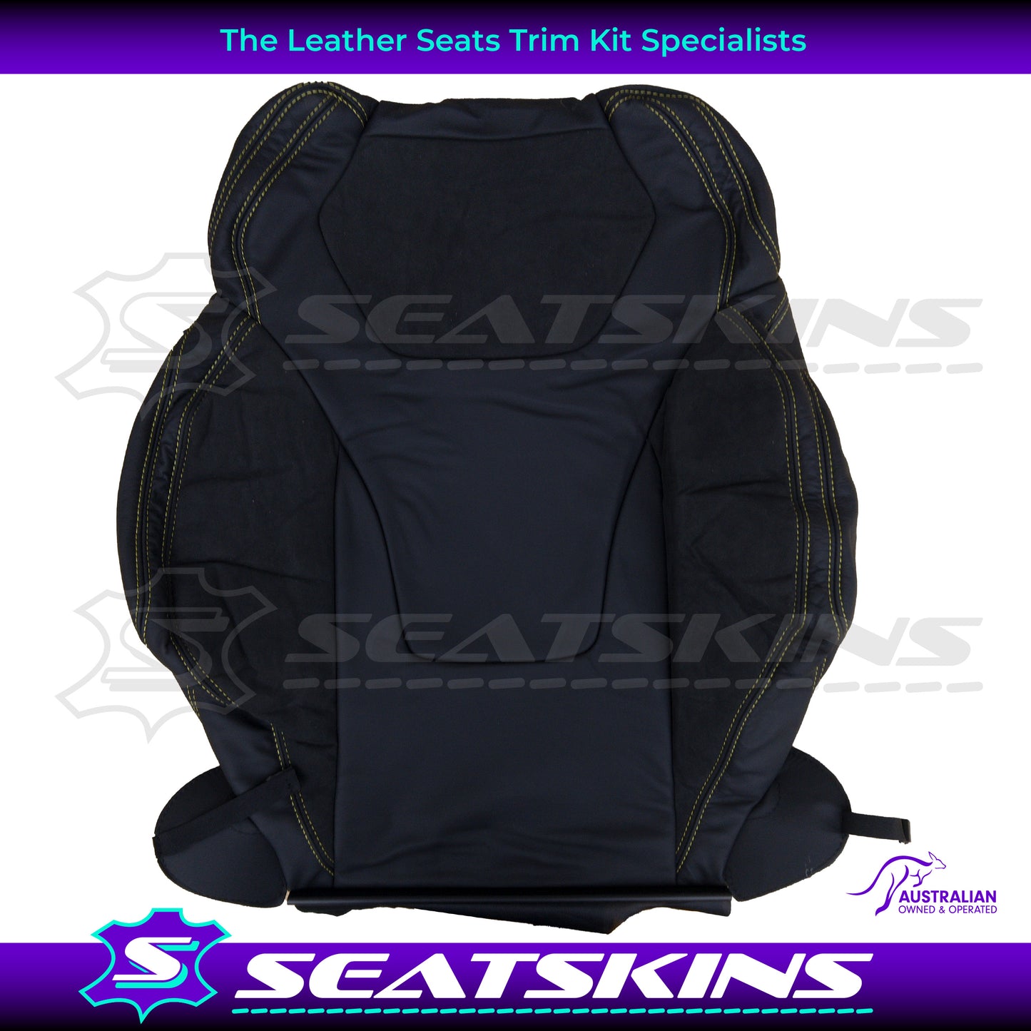 LEATHER SEATS TRIM KIT FOR HSV VF GTS 2 SEATS ALCANTARA & BLACK NAPPA LEATHER WITH YELLOW STITCHING.