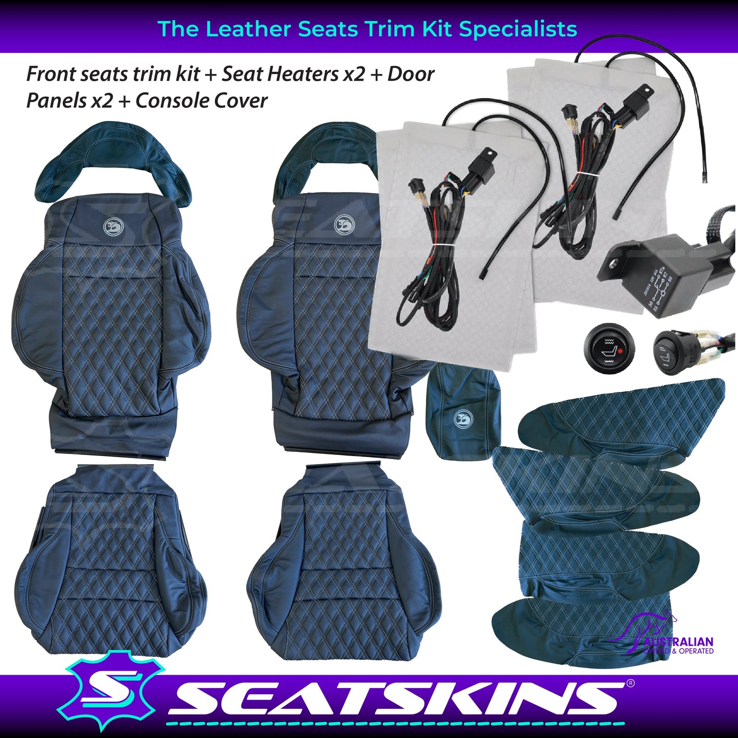 LEATHER SEATS TRIM KIT FOR HSV COULSON 2 SEATS BLACK WITH SILVER DIAMOND STITCH