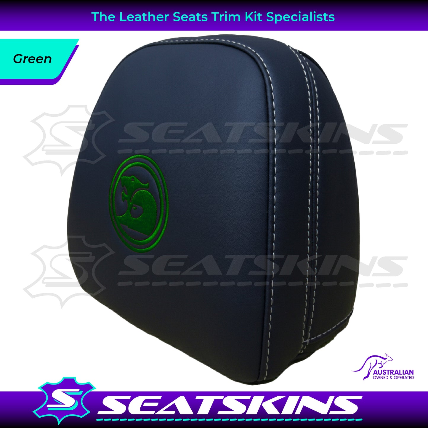 HEADREST COVERS PAIR FOR VF BLACK LEATHERETTE SILVER OR RED STITCH HSV LOGO