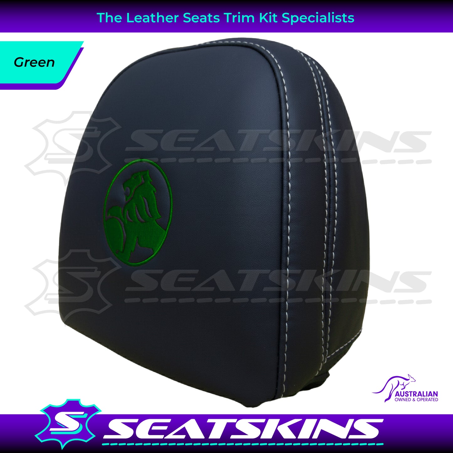 HEADREST COVERS PAIR FOR VF BLACK LEATHERETTE SILVER OR RED STITCH HOLDEN LOGO