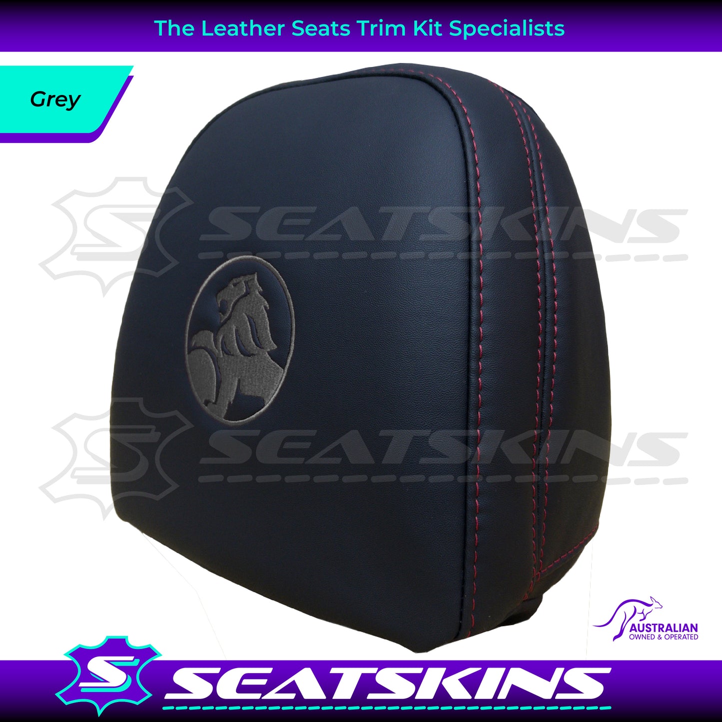 HEADREST COVERS PAIR FOR VF BLACK LEATHERETTE SILVER OR RED STITCH HOLDEN LOGO