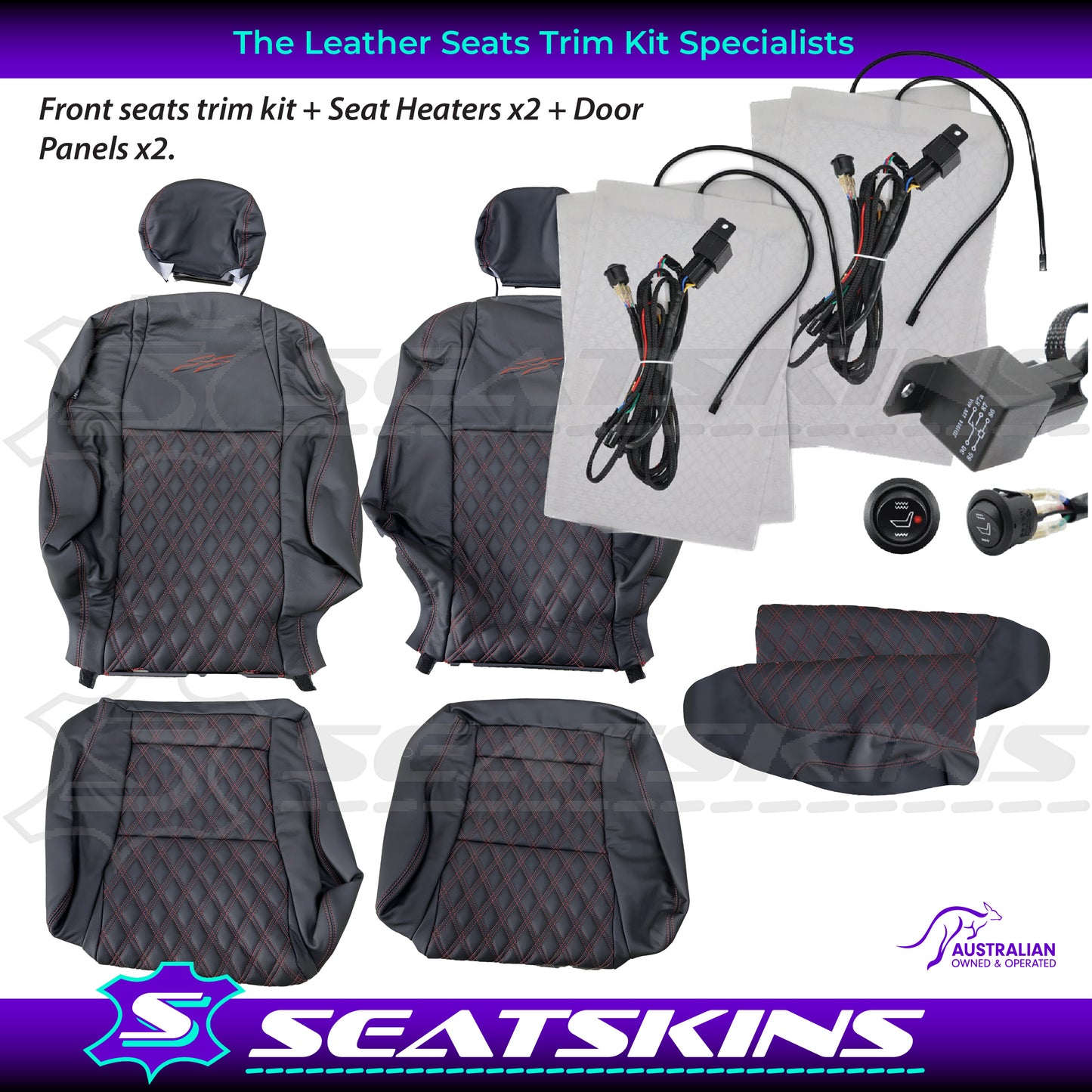 LEATHER SEATS TRIM KIT SKINS FOR HOLDEN VY S2 / VZ SS SSZ UTE BLACK/RED DIY INST