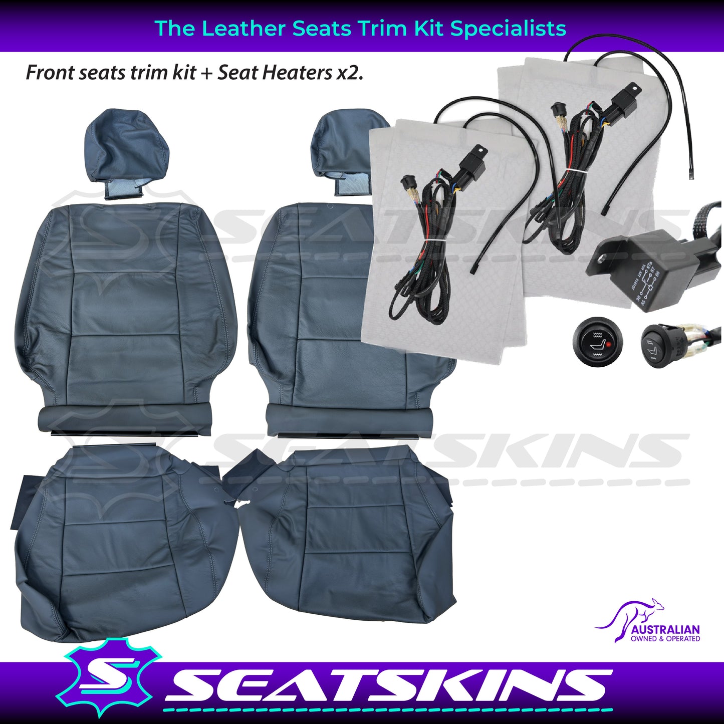 LEATHER SEATS TRIM KIT FOR TOYOTA 100/105 SERIES DARK GREY GREY STITCHING 2 FRONT SEAT GXL