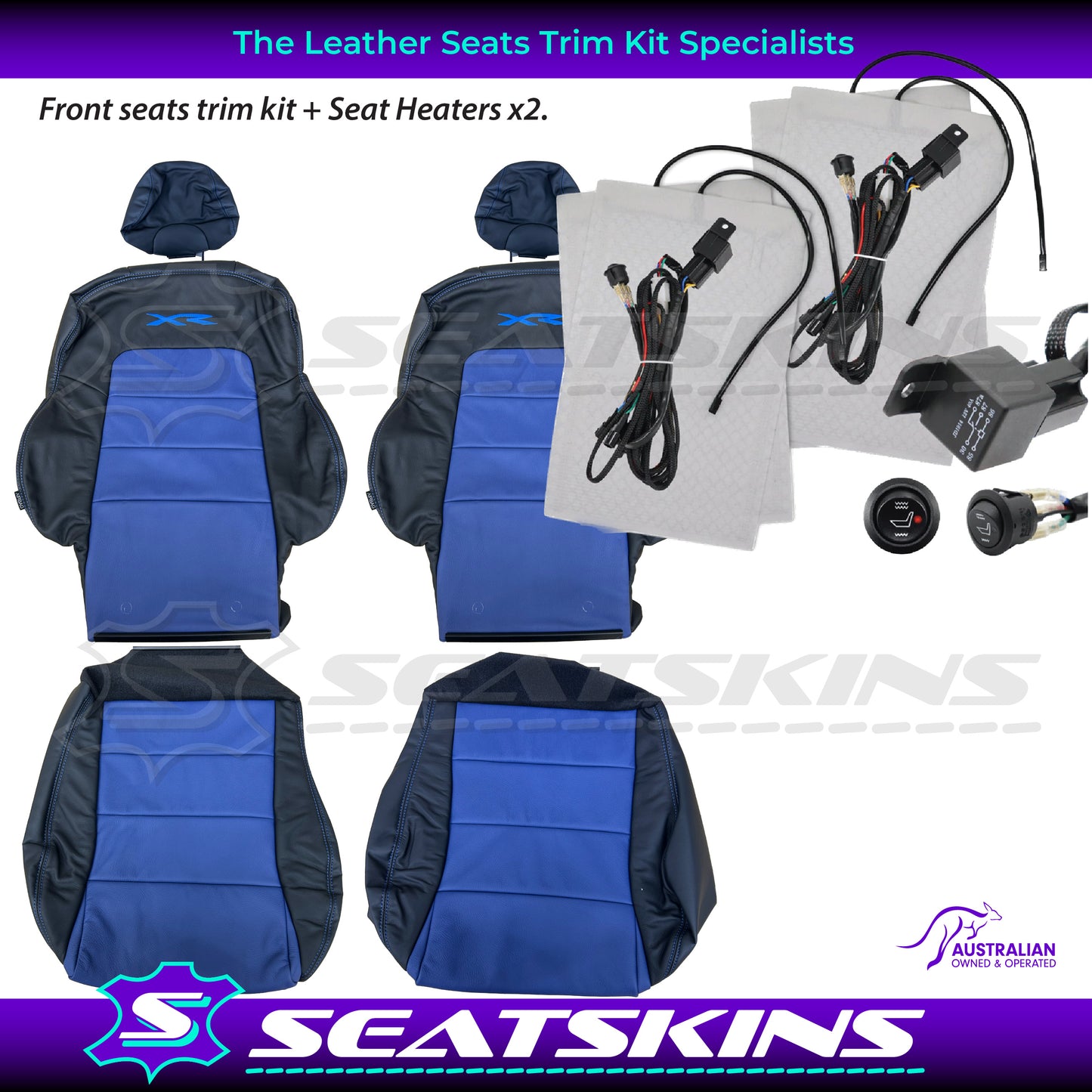 LEATHER SEATS TRIM KIT SKINS FOR FORD BA/BF FALCON FRONT SEATS BLUE XR LOGO BLUE INSERTS