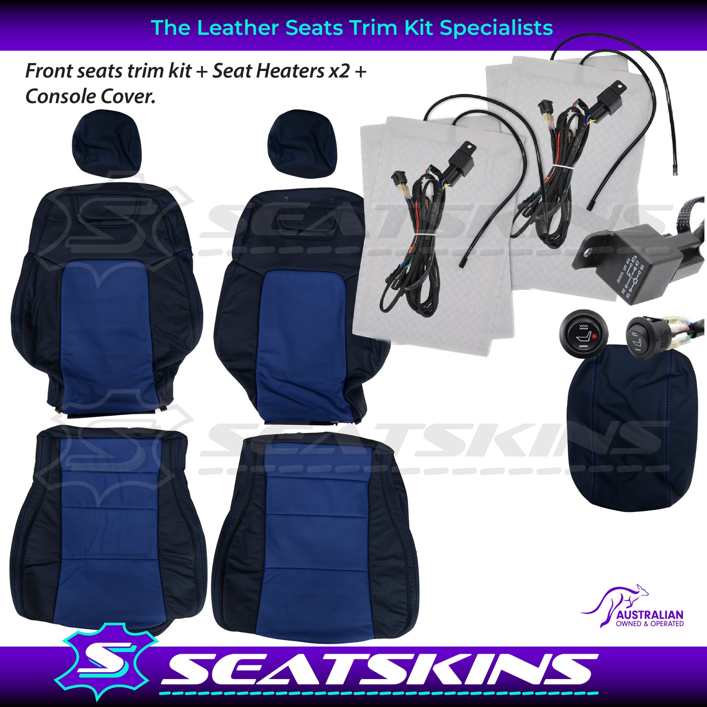 LEATHER SEATS TRIM KIT FOR HOLDEN VE CLUBSPORT 2 SEATS BLUE INSERTS BLUE STITCHING