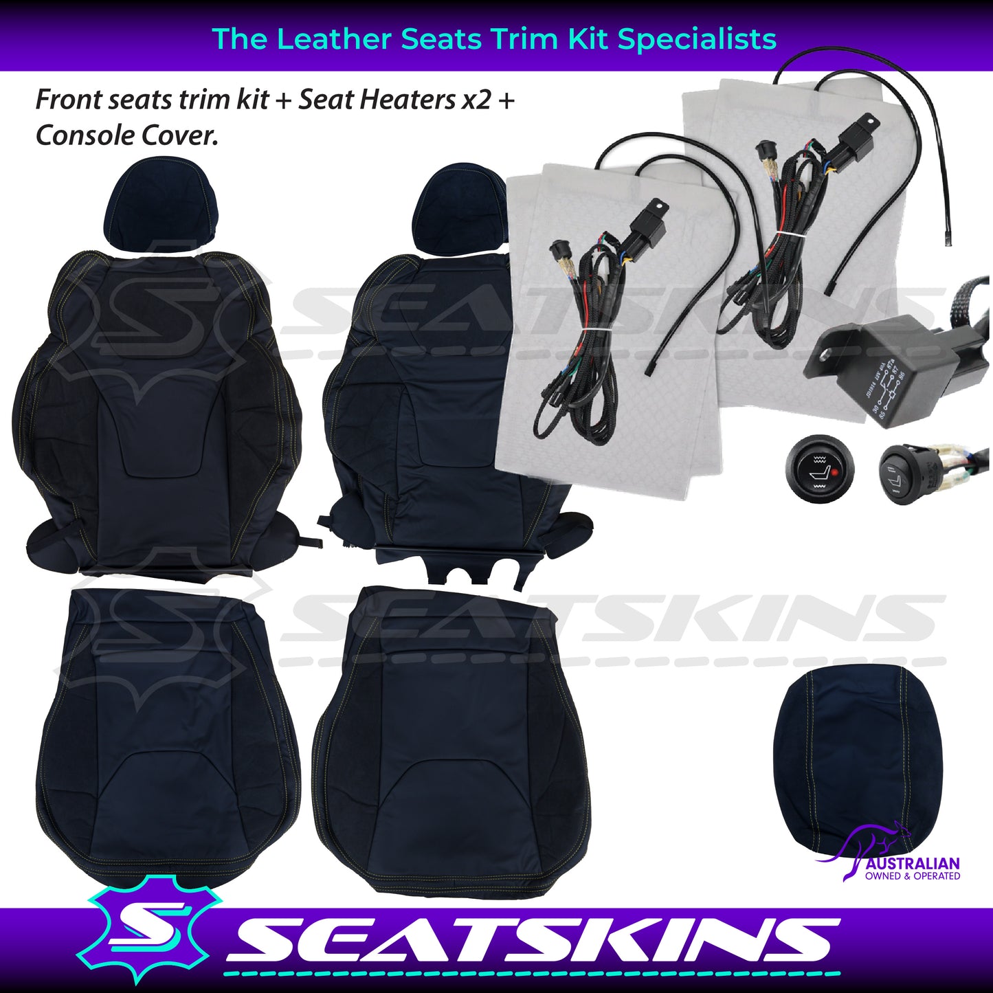 LEATHER SEATS TRIM KIT FOR HSV VF GTS 2 SEATS ALCANTARA & BLACK NAPPA LEATHER WITH YELLOW STITCHING.