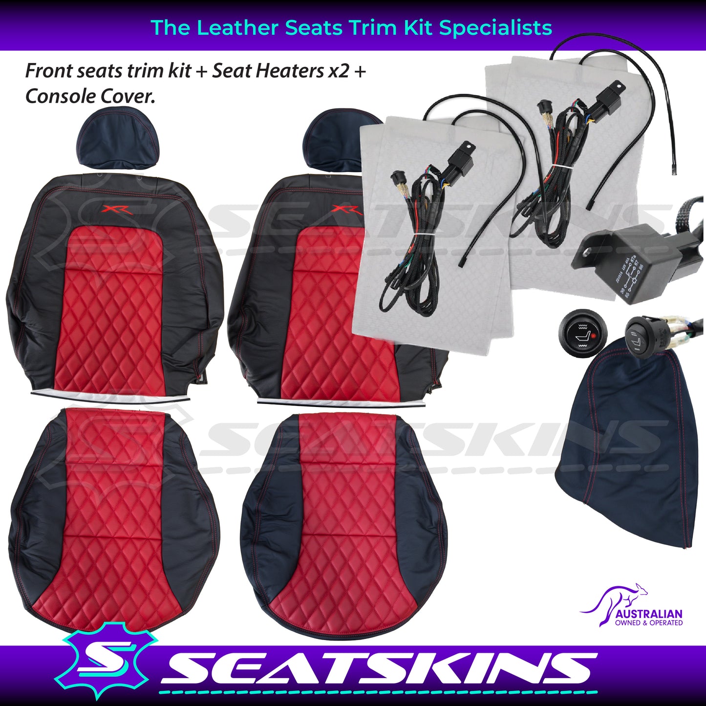 LEATHER SEATS TRIM KIT SKINS FOR FORD AU FRONT SEATS RED XR LOGO DIAMOND STITCH