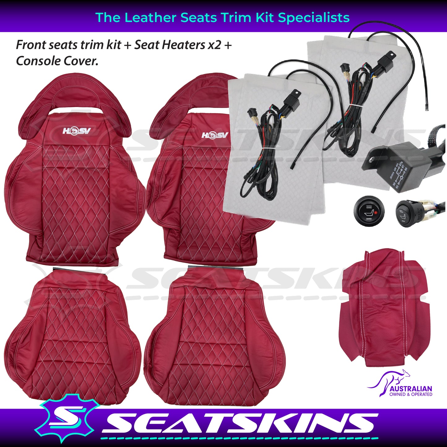 LEATHER SEATS TRIM KIT FOR 2 SEATER HSV COULSON RED LEATHER WHITE DIAMOND STITCH