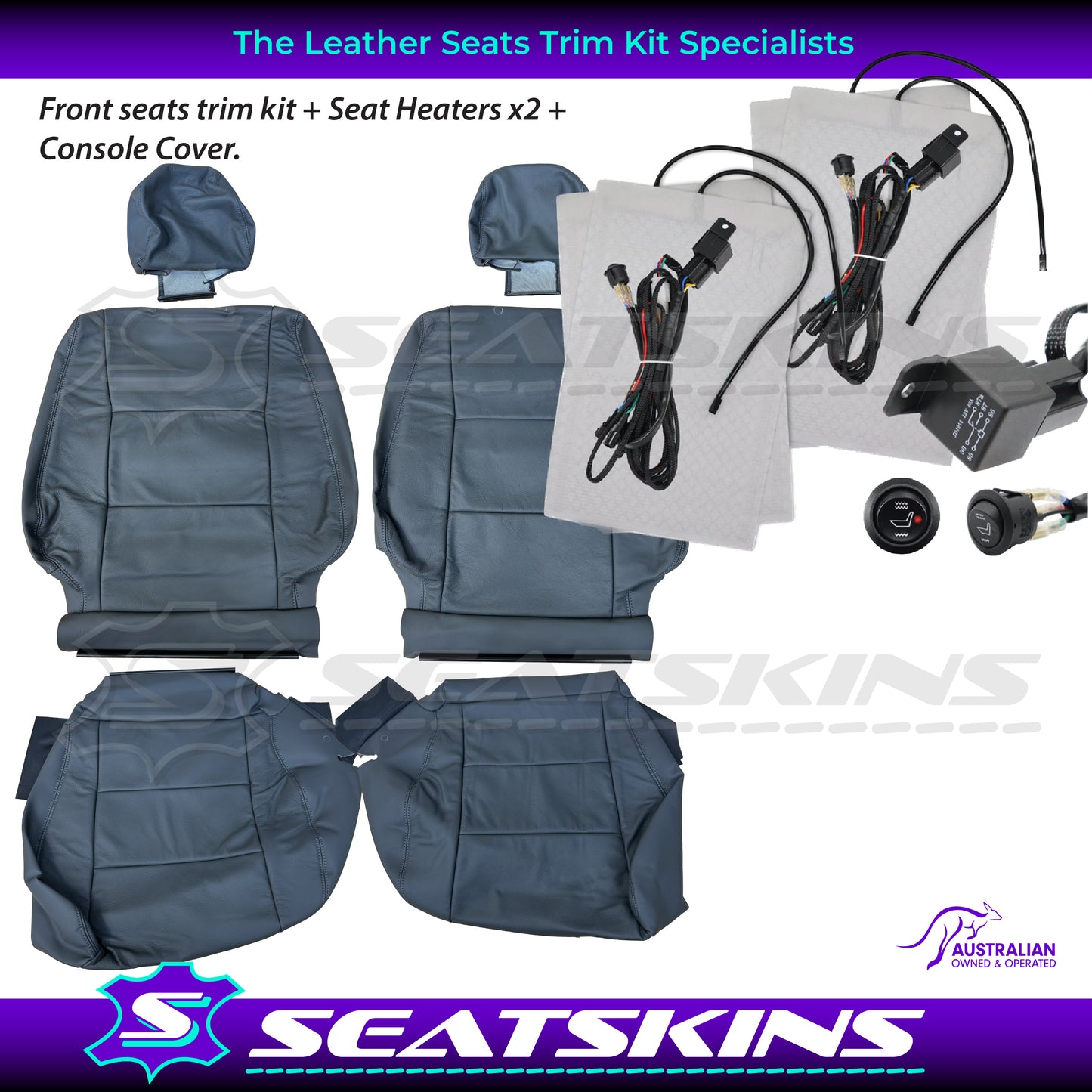 LEATHER SEATS TRIM KIT FOR TOYOTA 100/105 SERIES DARK GREY GREY STITCHING 2 FRONT SEAT GXL
