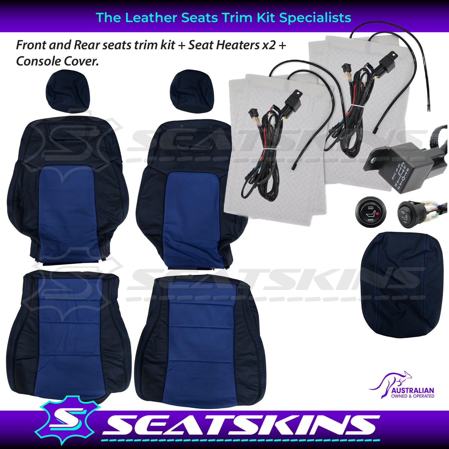 LEATHER SEATS TRIM KIT FOR HOLDEN VE CLUBSPORT 5 SEATER BLUE INSERTS BLUE STITCHING