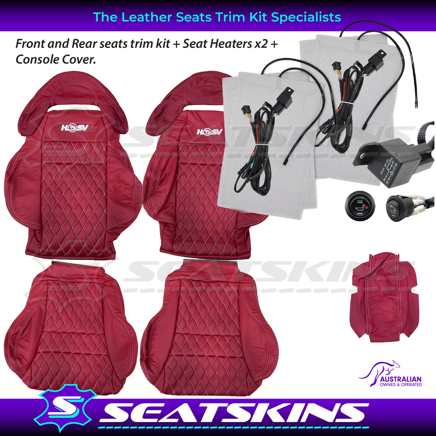 LEATHER SEATS TRIM KIT FOR 5 SEATER HSV COULSON RED LEATHER WHITE DIAMOND STITCH