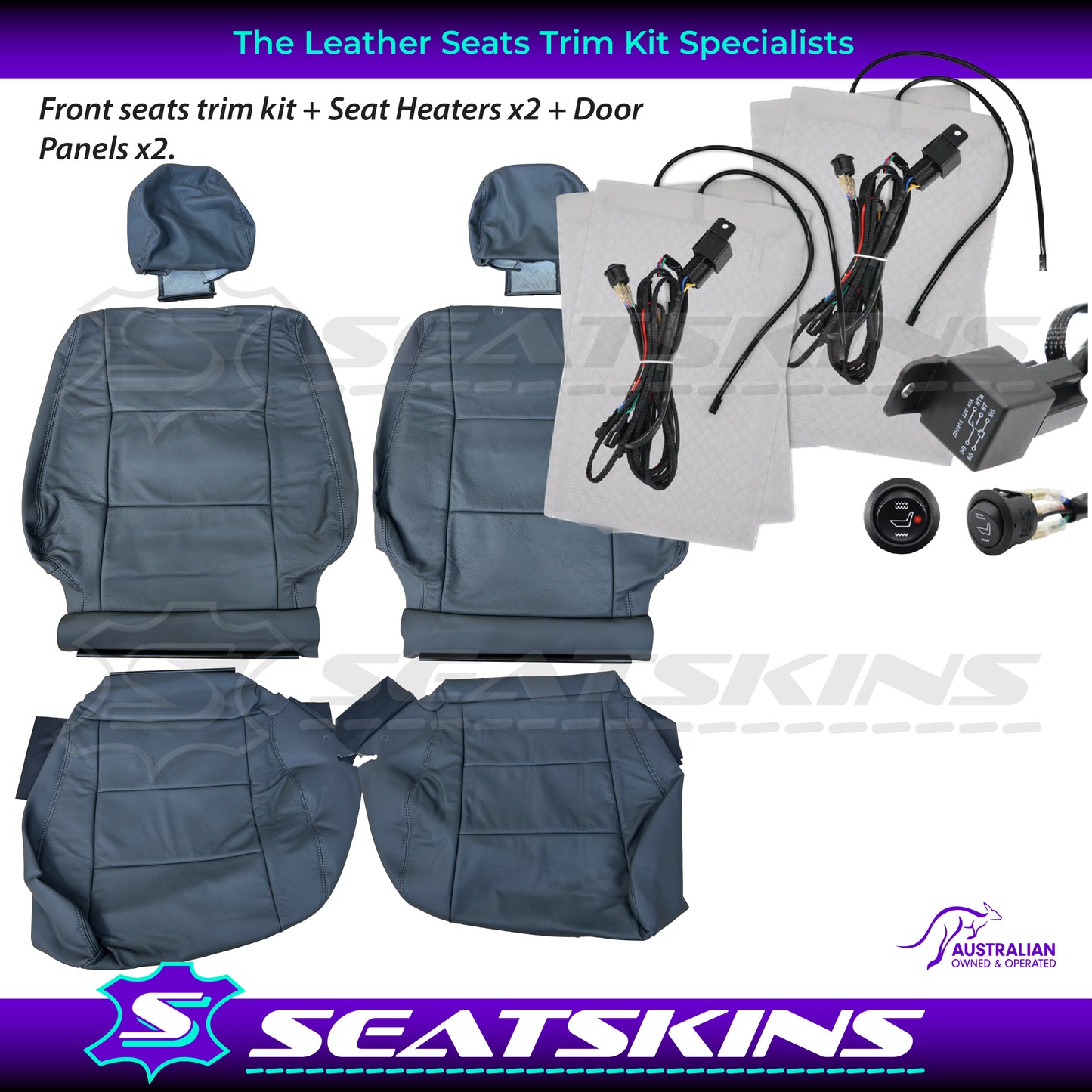 LEATHER SEATS TRIM KIT FOR TOYOTA 100/105 SERIES DARK GREY GREY STITCHING 2 FRONT SEAT GXL