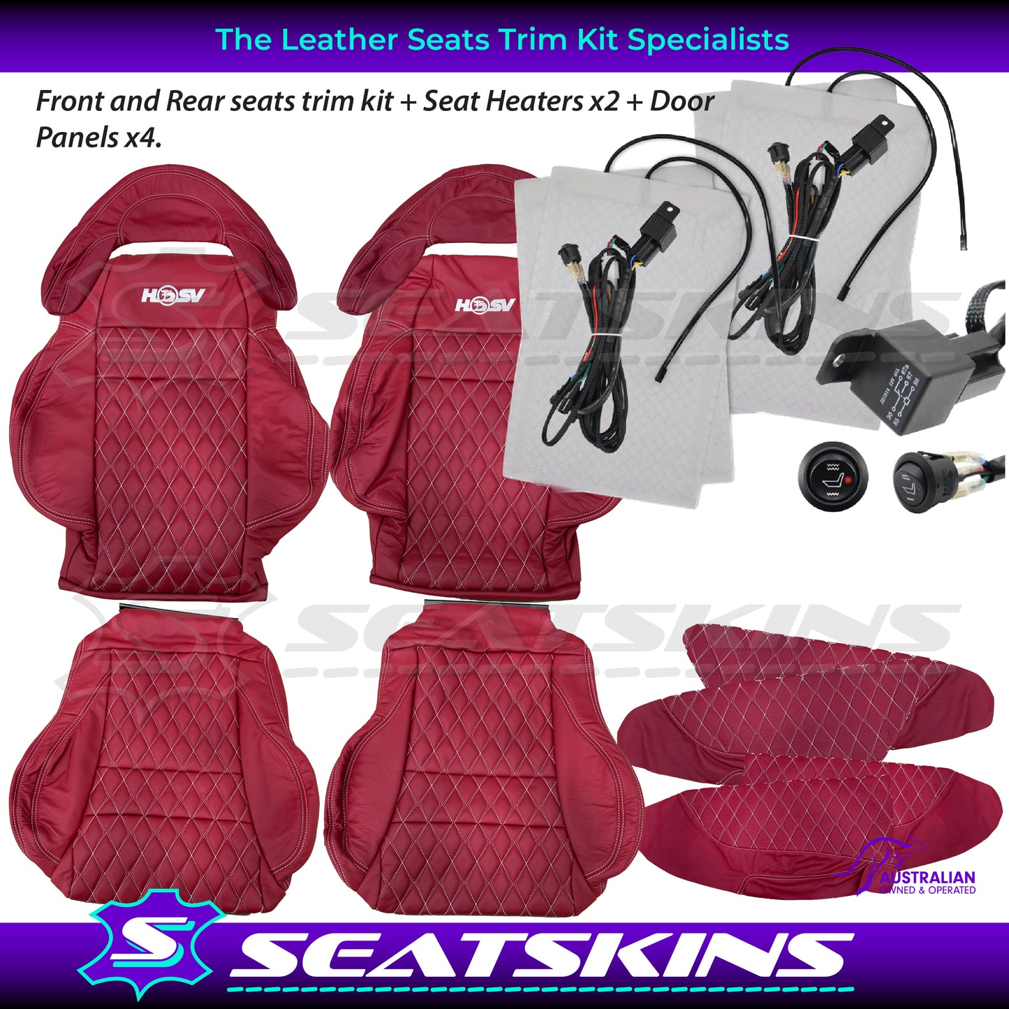 LEATHER SEATS TRIM KIT FOR 5 SEATER HSV COULSON RED LEATHER WHITE DIAMOND STITCH