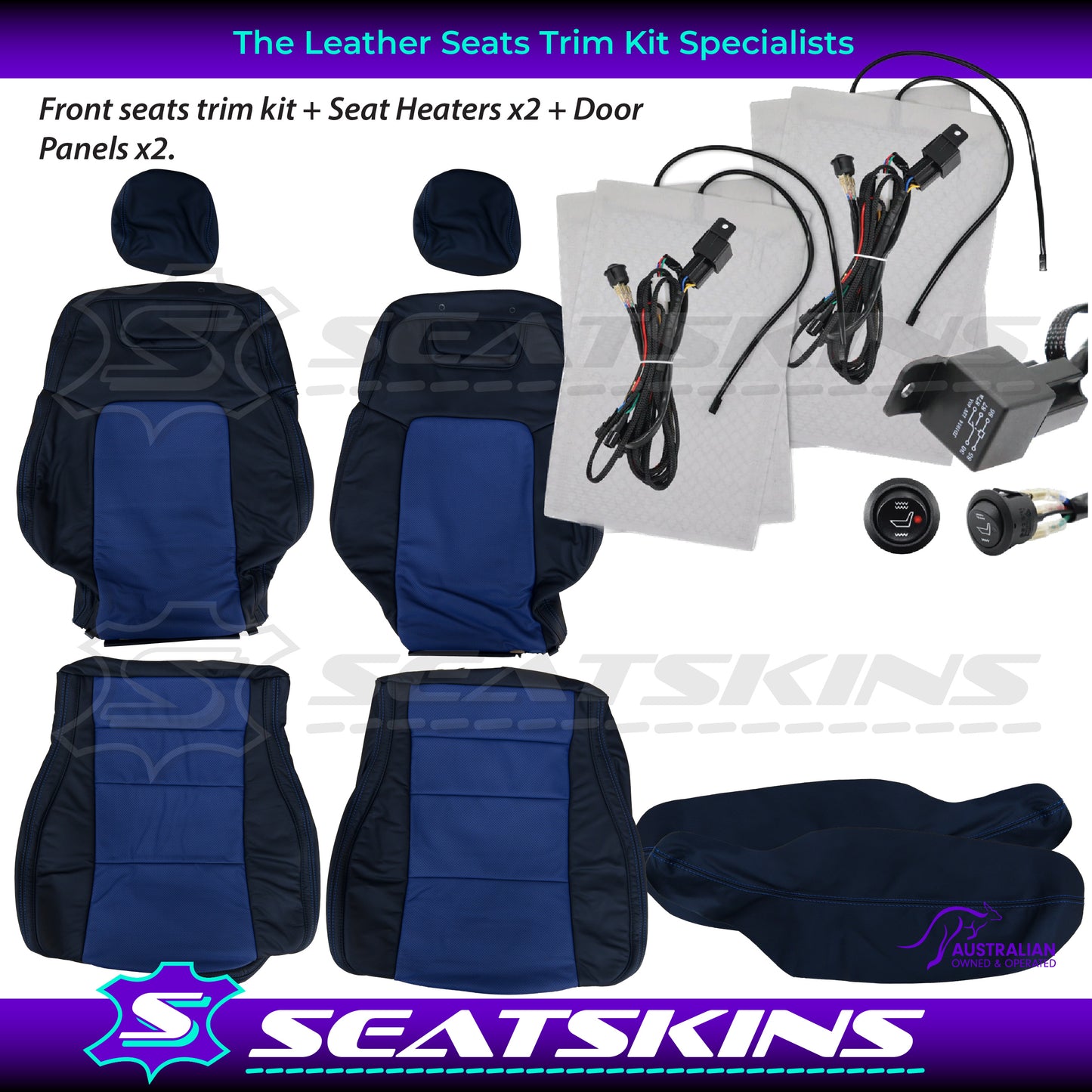 LEATHER SEATS TRIM KIT FOR HOLDEN VE CLUBSPORT 2 SEATS BLUE INSERTS BLUE STITCHING