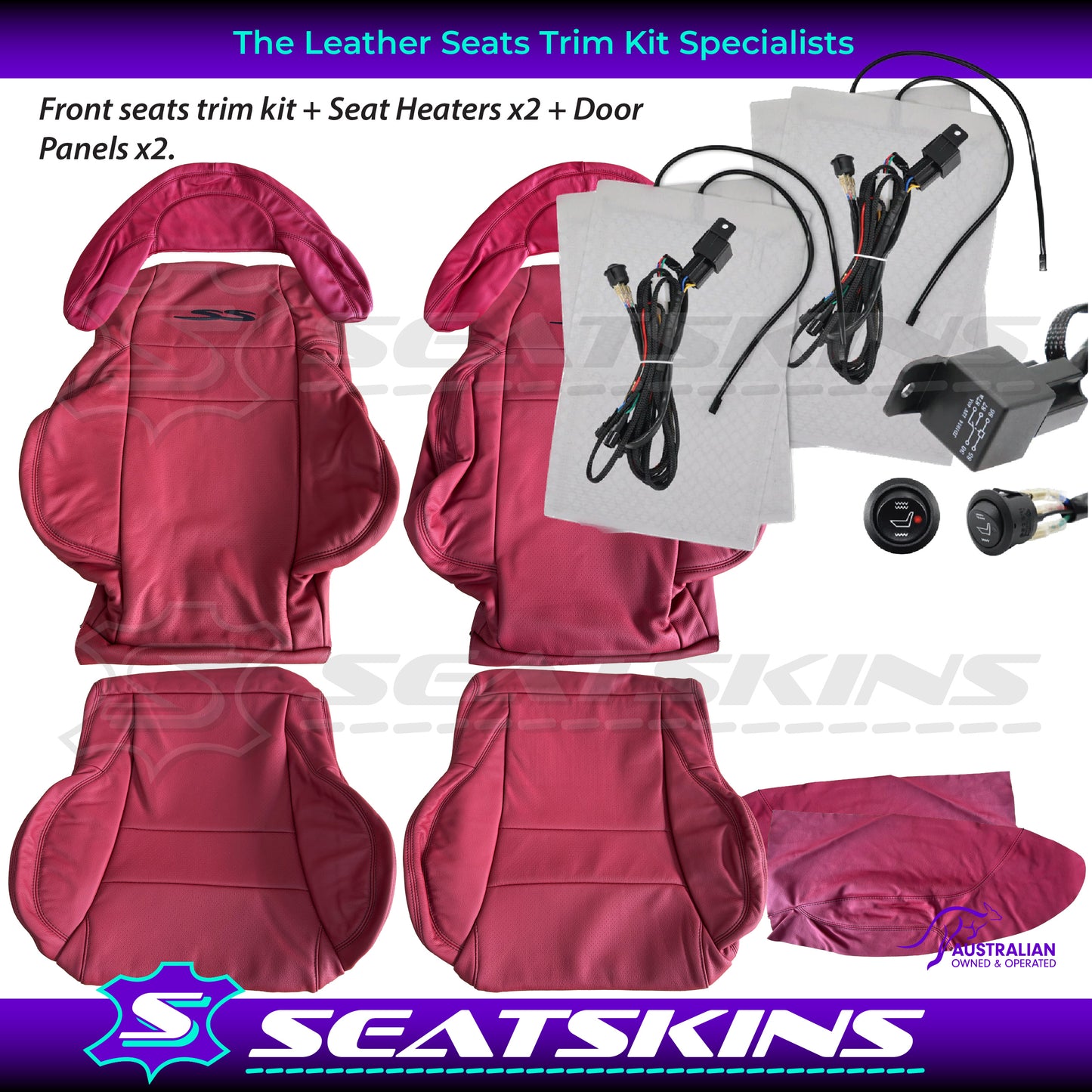LEATHER SEATS TRIM KIT FOR HSV COULSON 2 SEATER VT/VX RED LEATHER BLACK SS LOGO