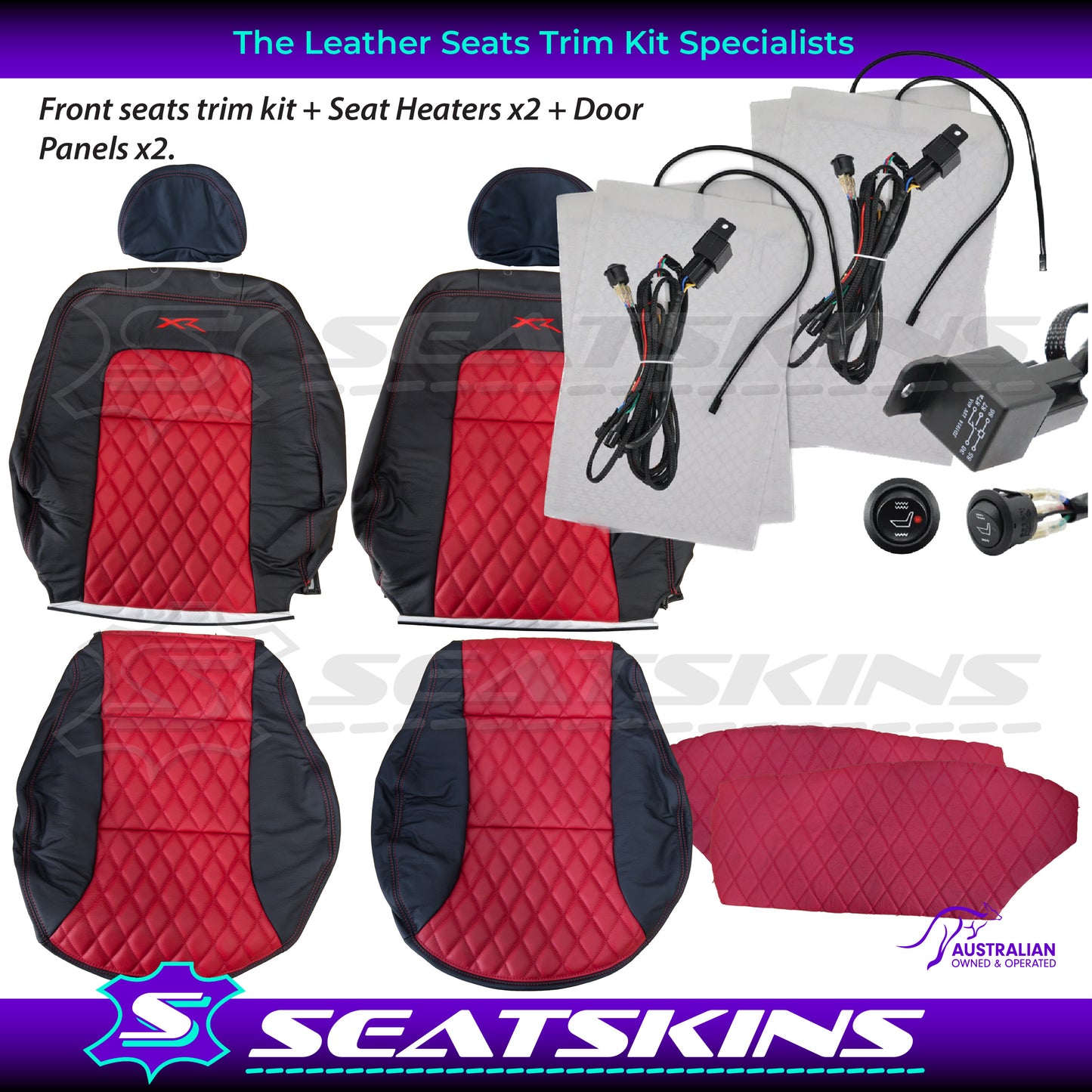 LEATHER SEATS TRIM KIT SKINS FOR FORD AU FRONT SEATS RED XR LOGO DIAMOND STITCH