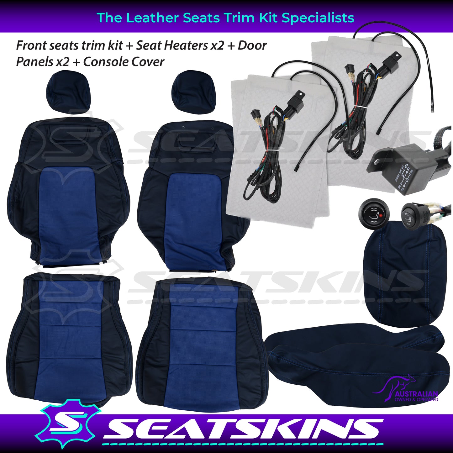 LEATHER SEATS TRIM KIT FOR HOLDEN VE CLUBSPORT 2 SEATS BLUE INSERTS BLUE STITCHING