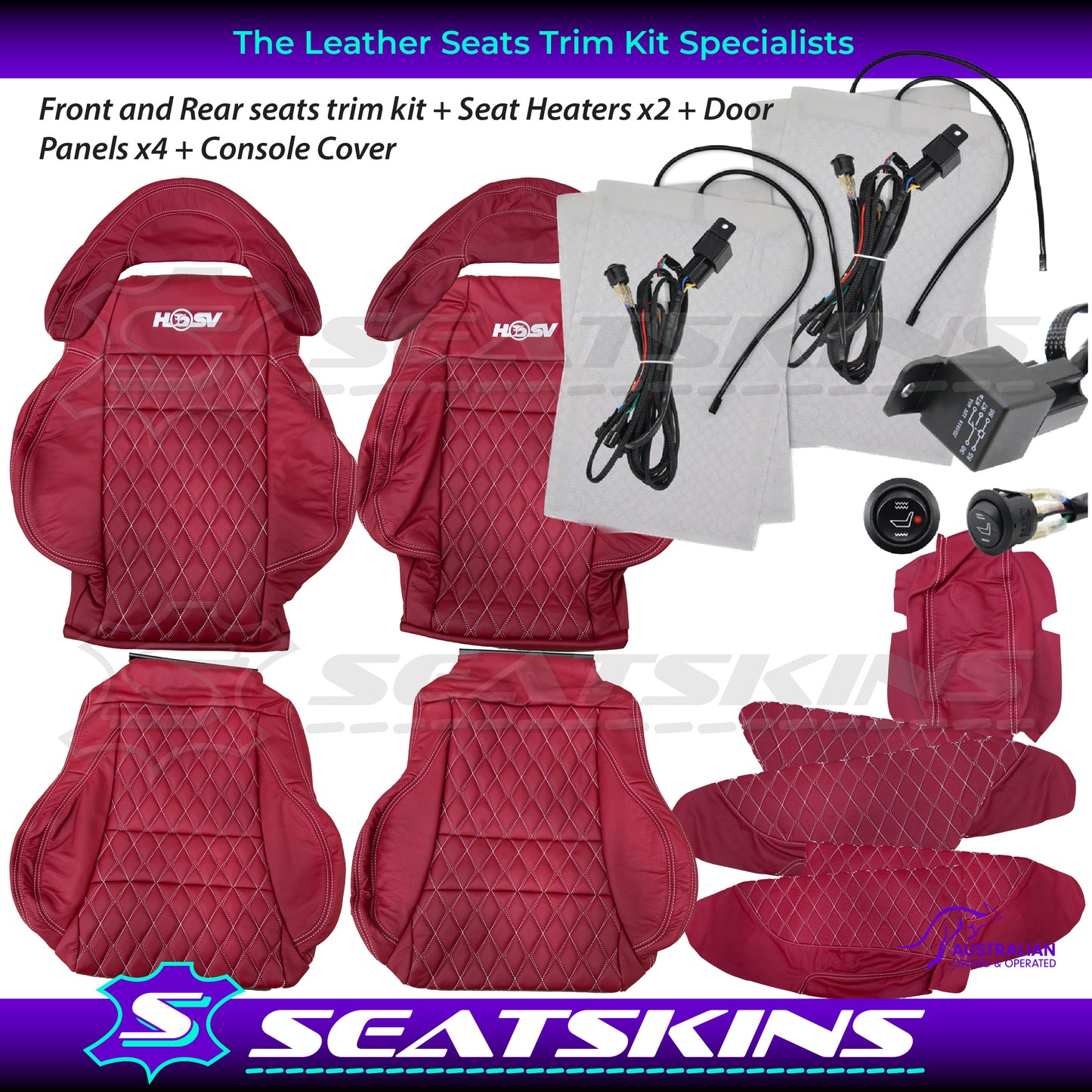 LEATHER SEATS TRIM KIT FOR 5 SEATER HSV COULSON RED LEATHER WHITE DIAMOND STITCH