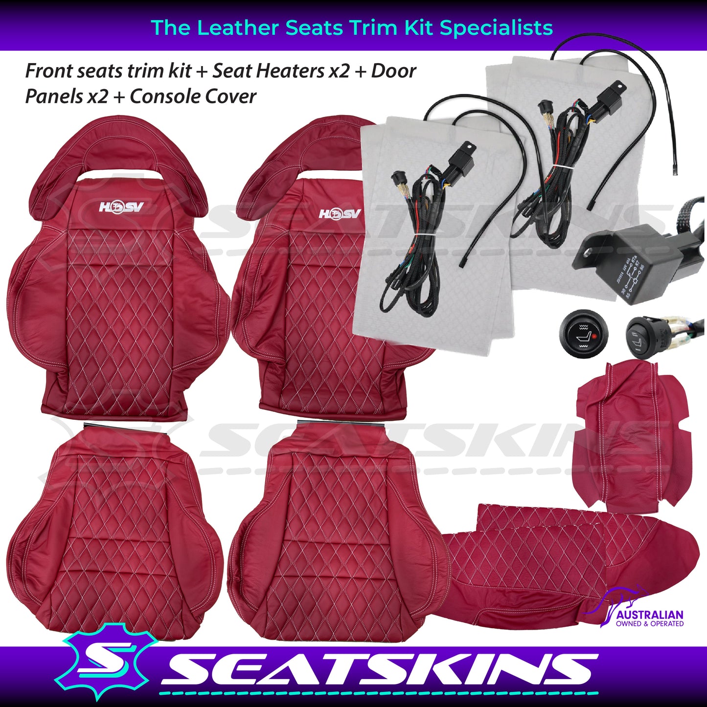 LEATHER SEATS TRIM KIT FOR 2 SEATER HSV COULSON RED LEATHER WHITE DIAMOND STITCH