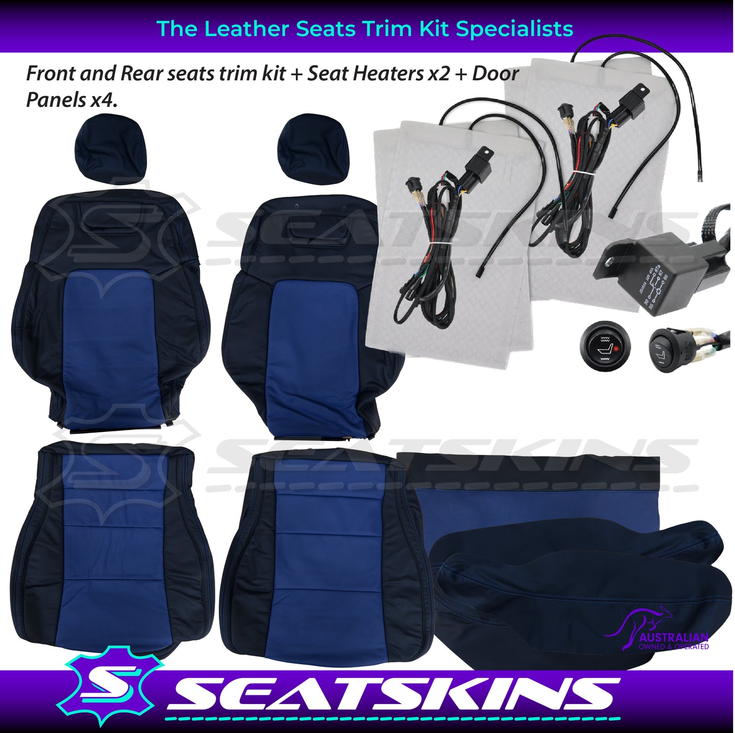 LEATHER SEATS TRIM KIT FOR HOLDEN VE CLUBSPORT 5 SEATER BLUE INSERTS BLUE STITCHING