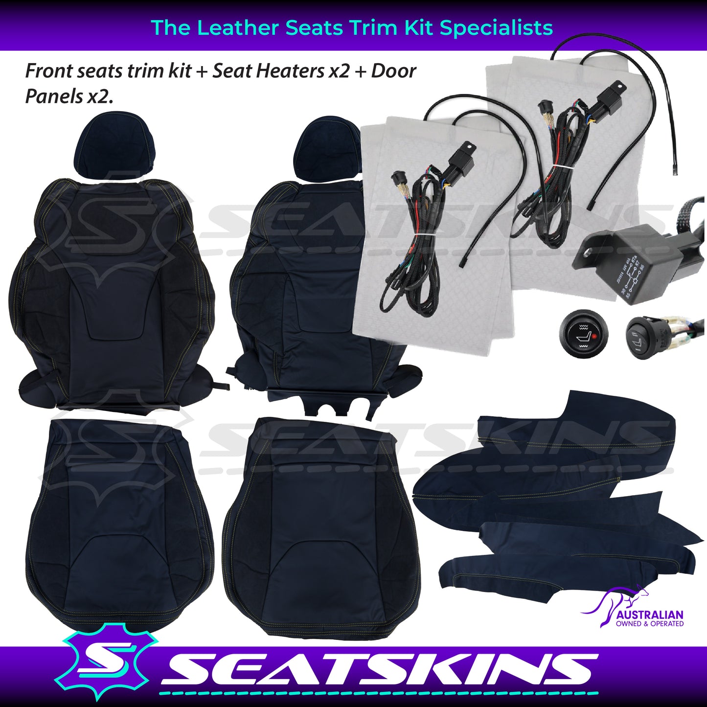 LEATHER SEATS TRIM KIT FOR HSV VF GTS 2 SEATS ALCANTARA & BLACK NAPPA LEATHER WITH YELLOW STITCHING.